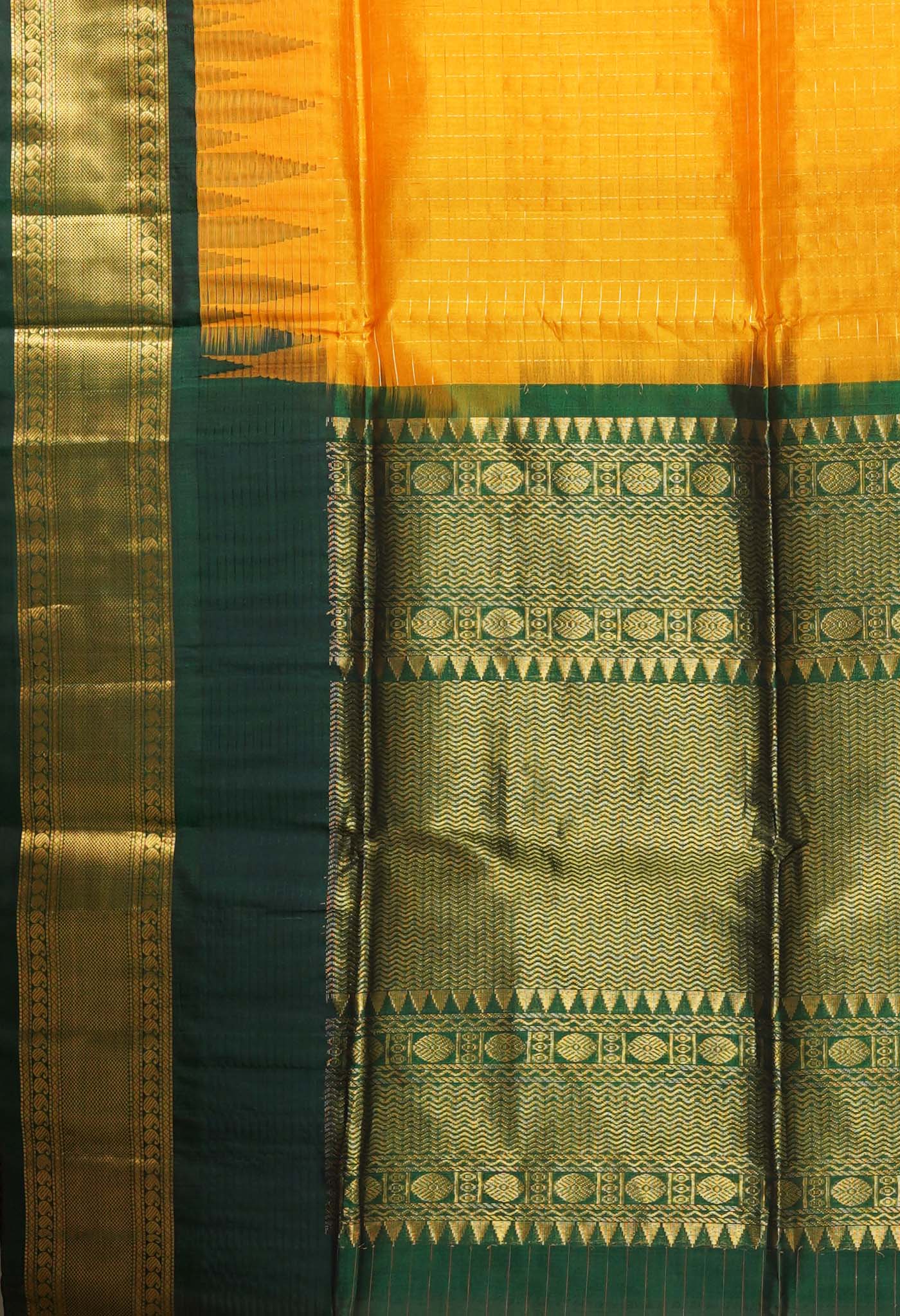 Turmeric Yellow-Dark Green Pure Handloom Assam Sico Saree-UNM80875