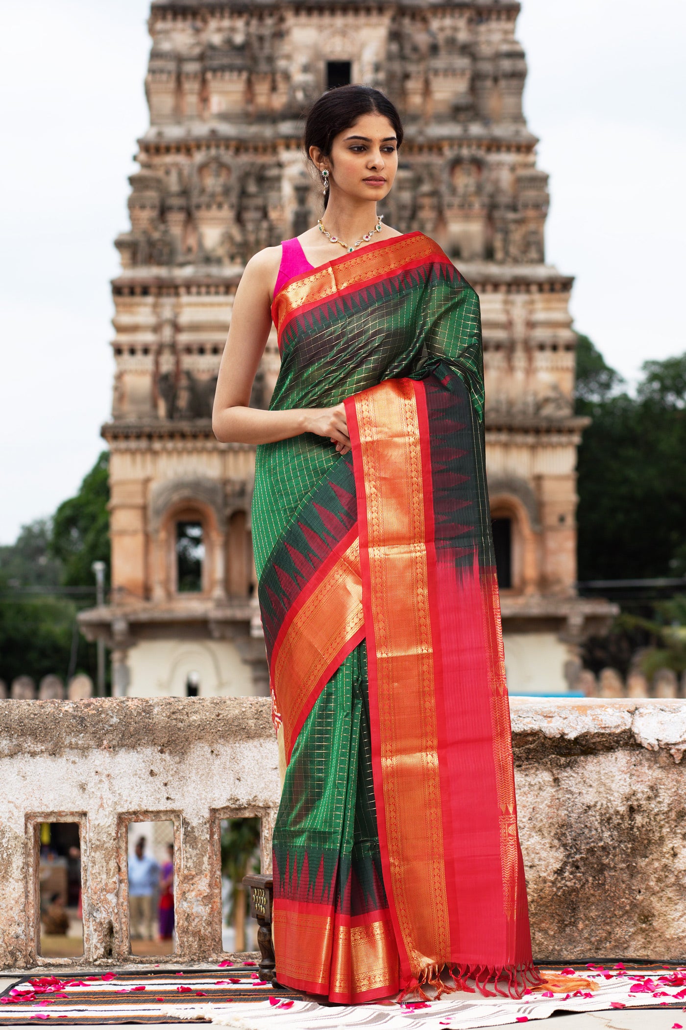 Dark Green-Red Pure Handloom Assam Sico Saree-UNM80877