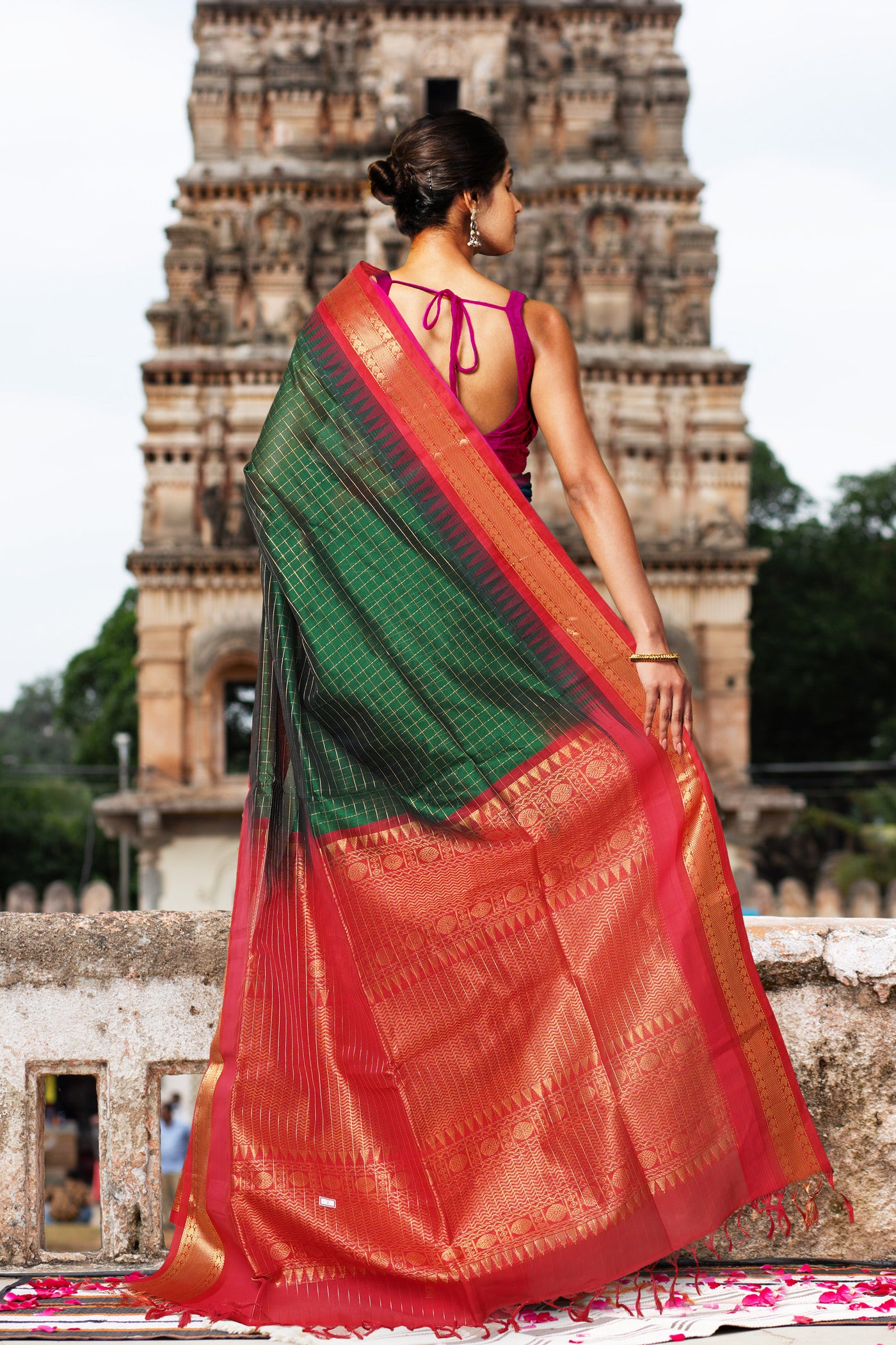 Dark Green-Red Pure Handloom Assam Sico Saree-UNM80877