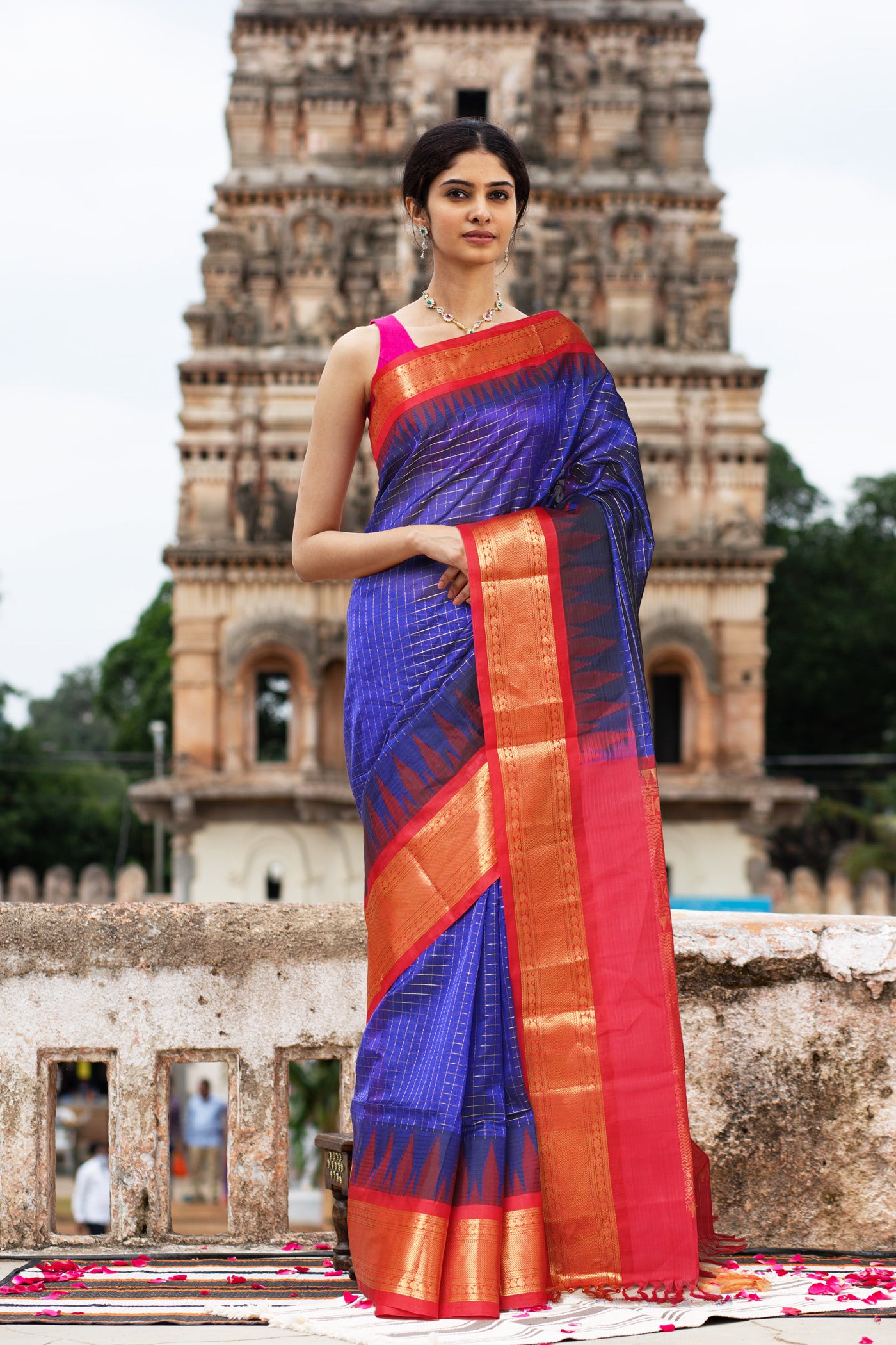 Dark Blue-Red Pure Handloom Assam Sico Saree-UNM80879