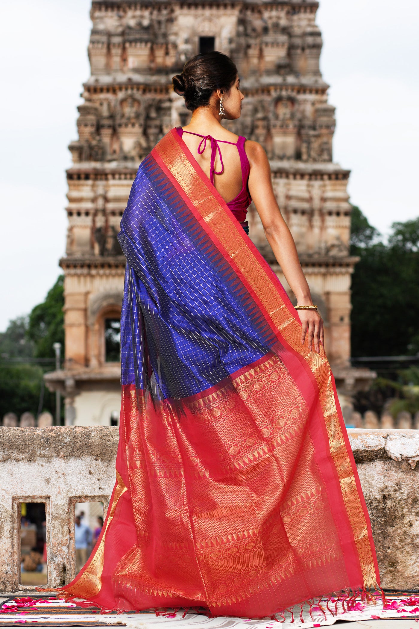 Dark Blue-Red Pure Handloom Assam Sico Saree-UNM80879