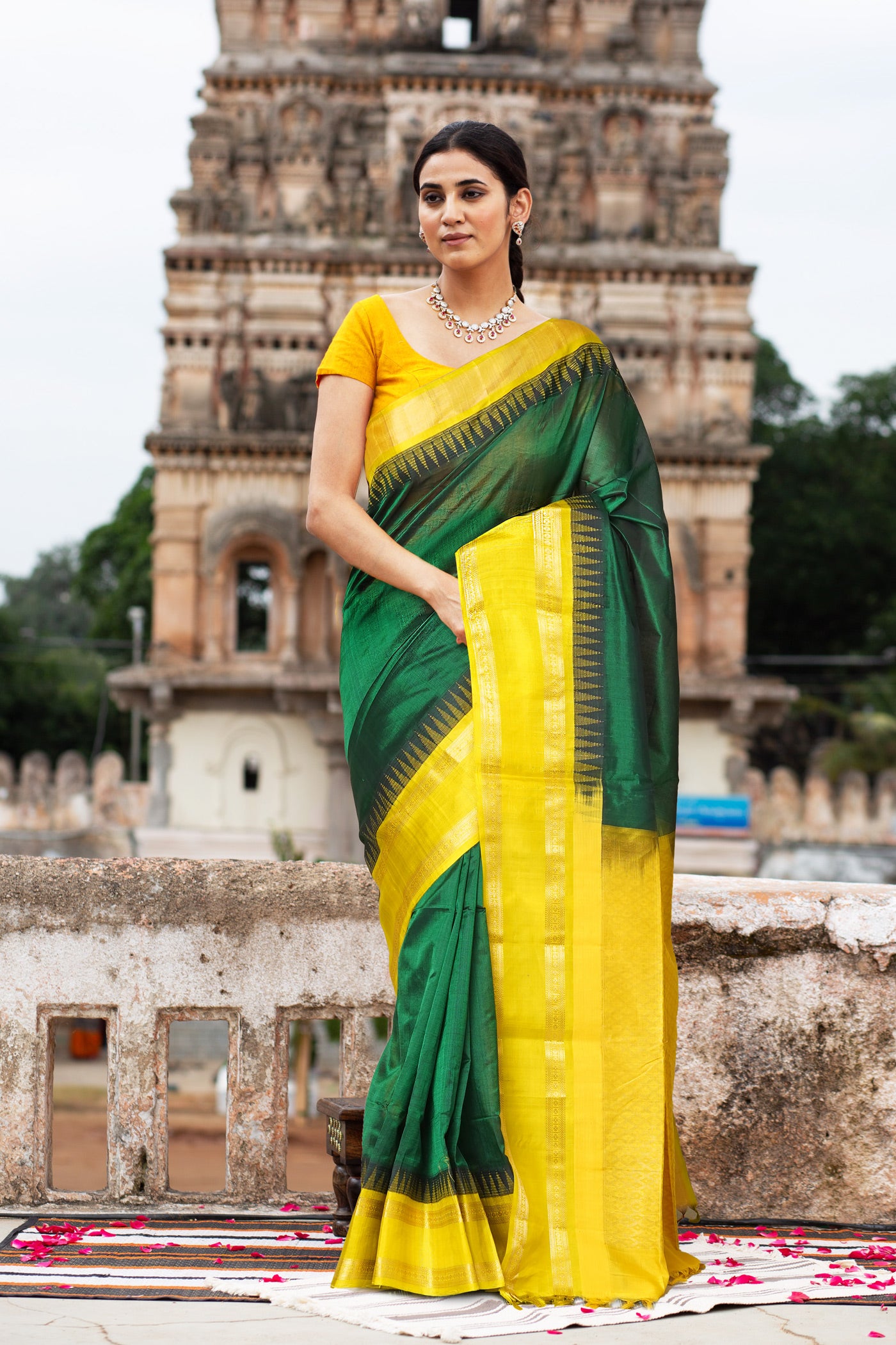 Dark Green-Yellow Pure Handloom Assam Sico Saree-UNM80881