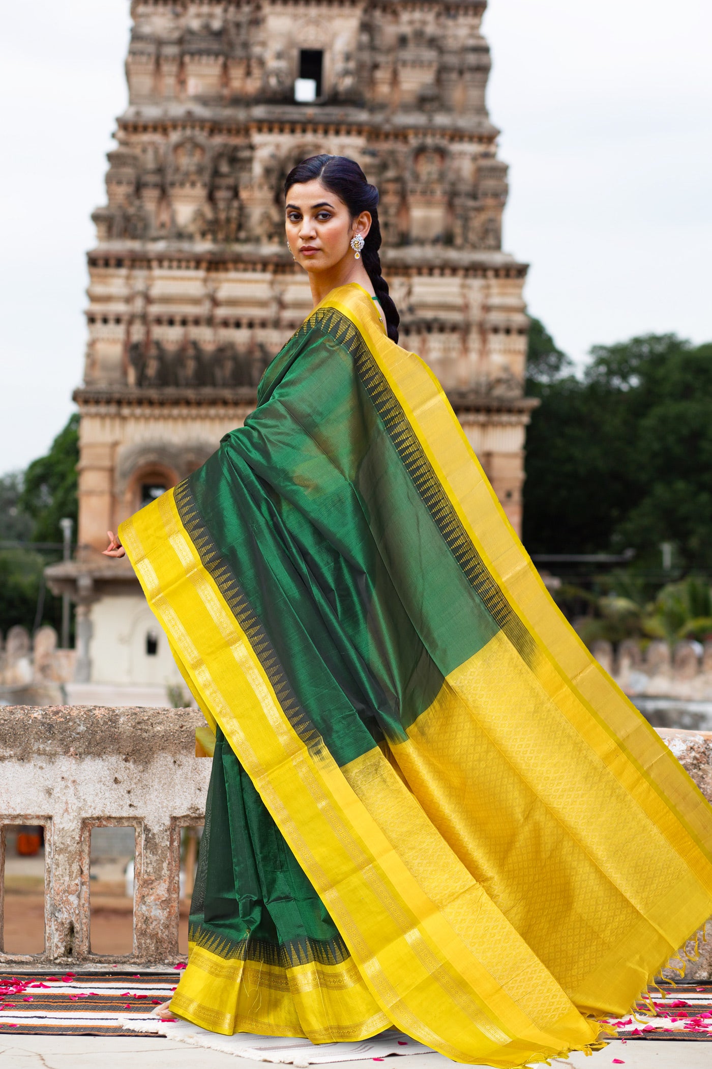 Dark Green-Yellow Pure Handloom Assam Sico Saree-UNM80881