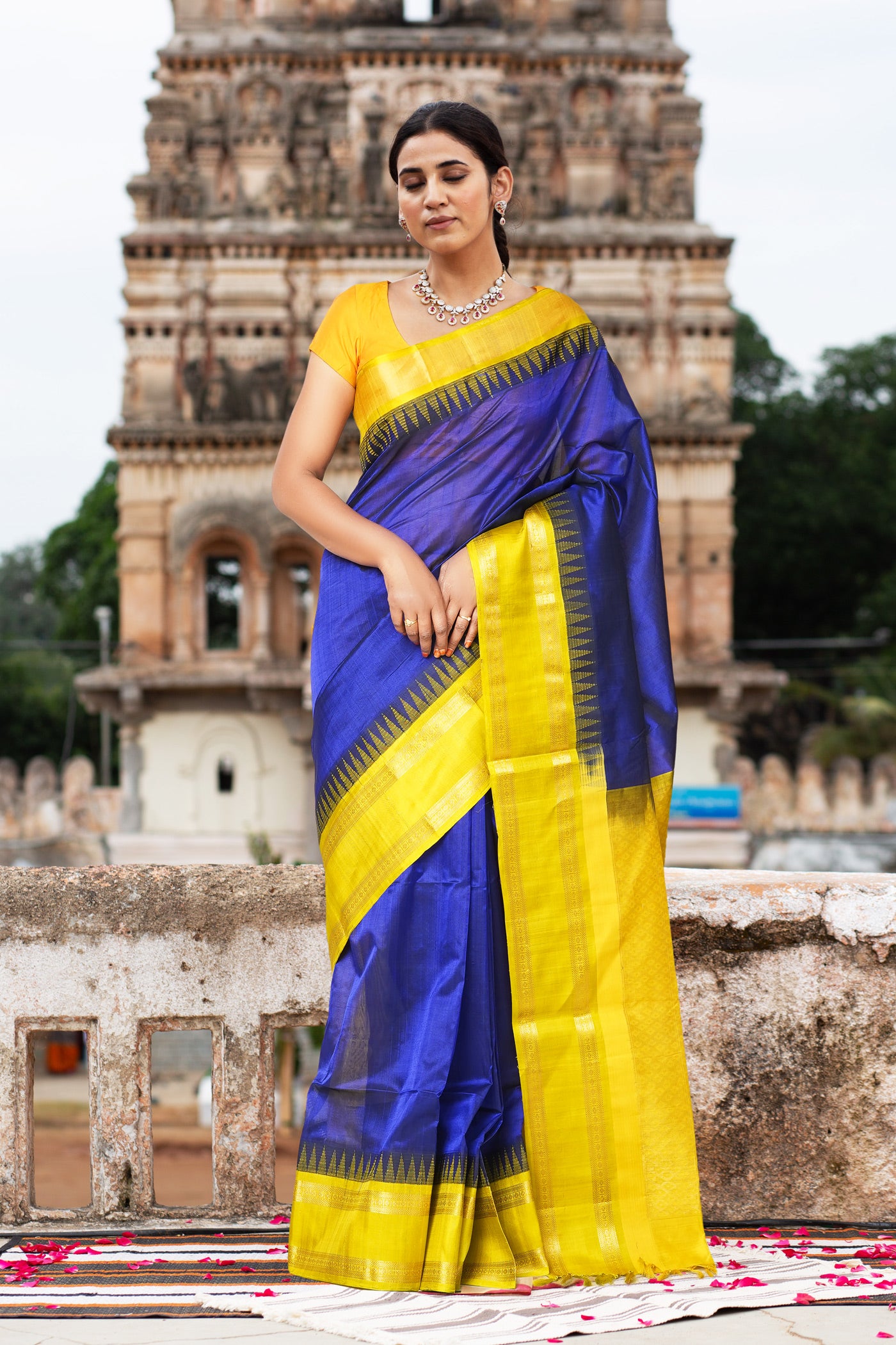 Dark Blue-Yellow Pure Handloom Assam Sico Saree-UNM80883