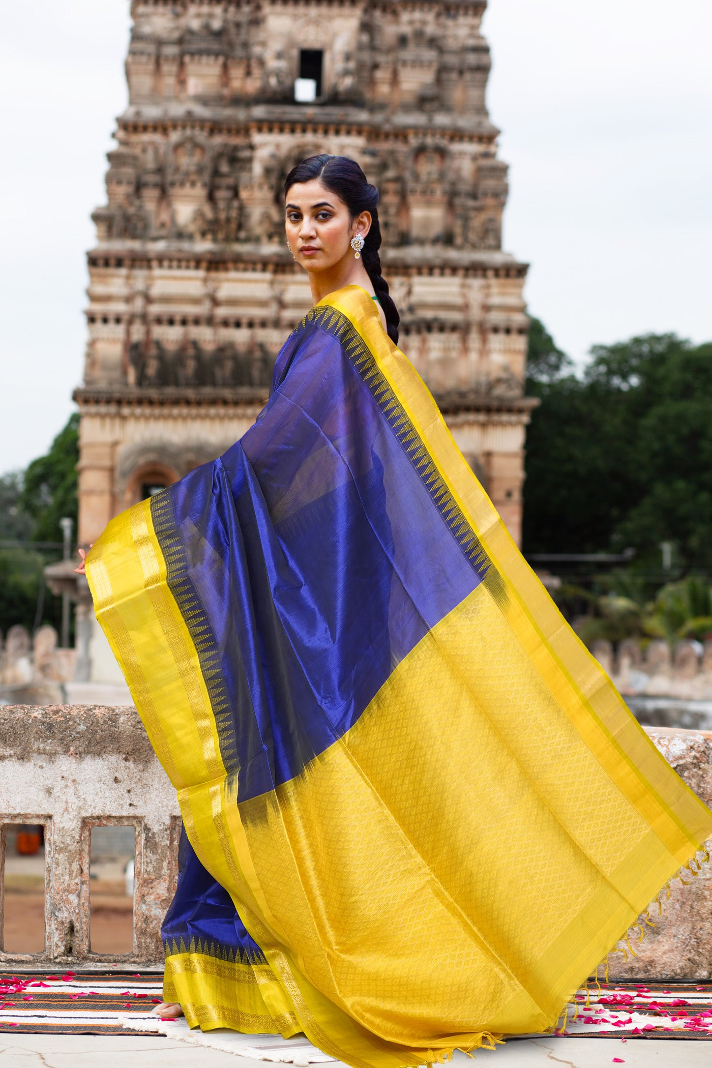 Dark Blue-Yellow Pure Handloom Assam Sico Saree-UNM80883