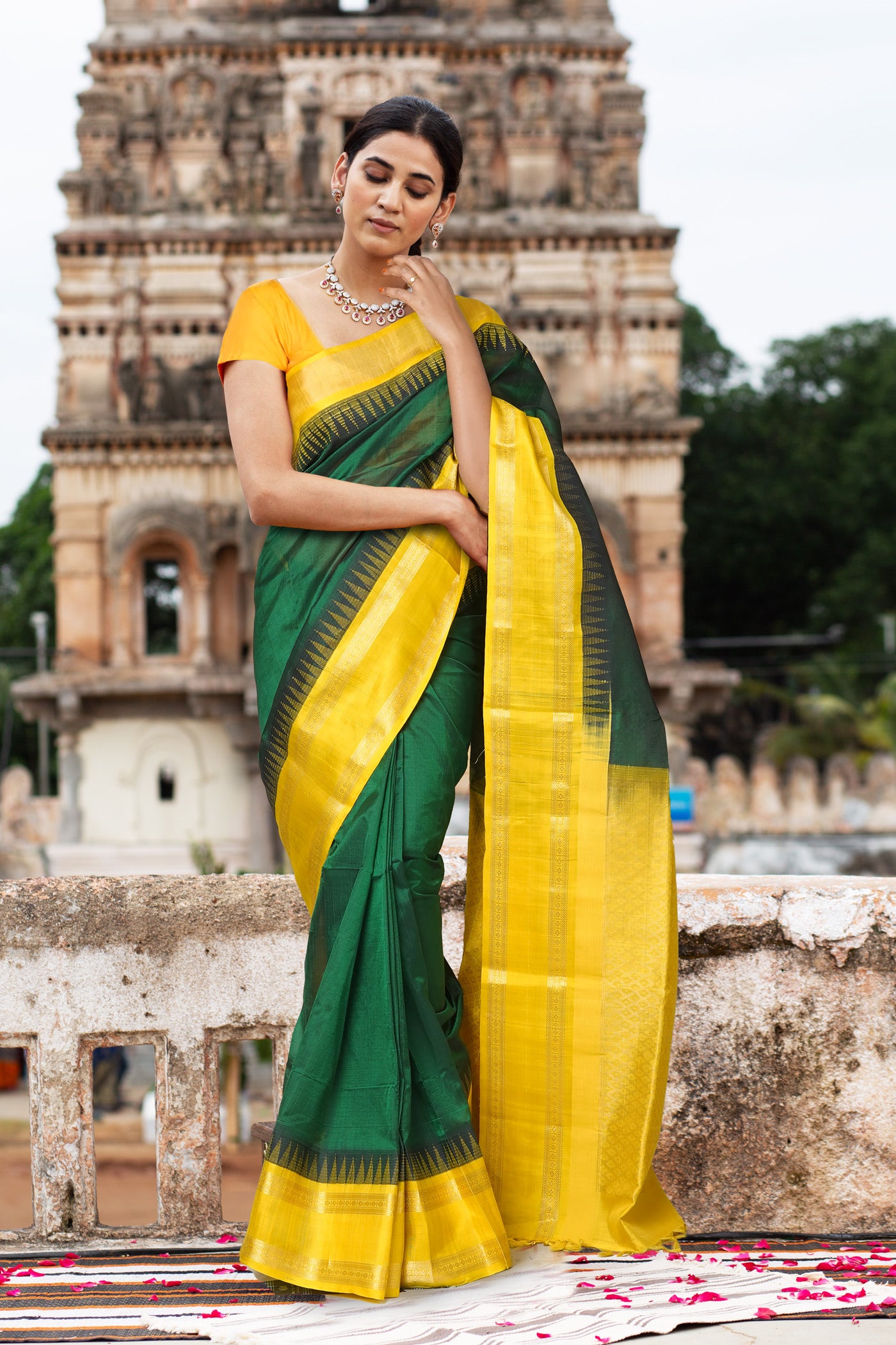 Dark Green-Yellow Pure Handloom Assam Sico Saree-UNM80884