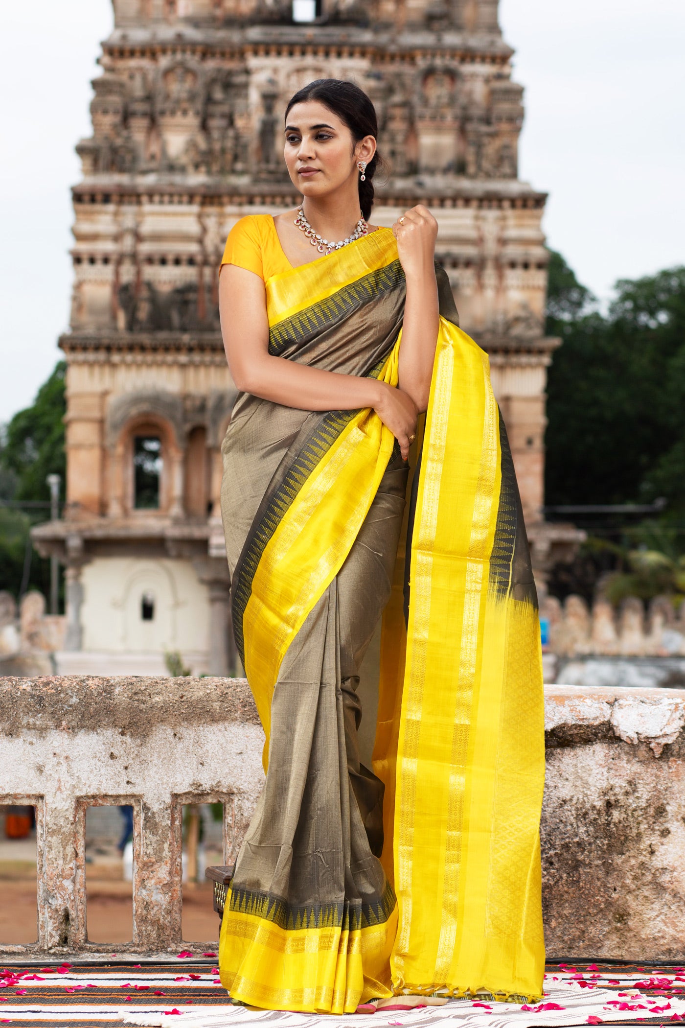 Grey-Yellow Pure Handloom Assam Sico Saree-UNM80885