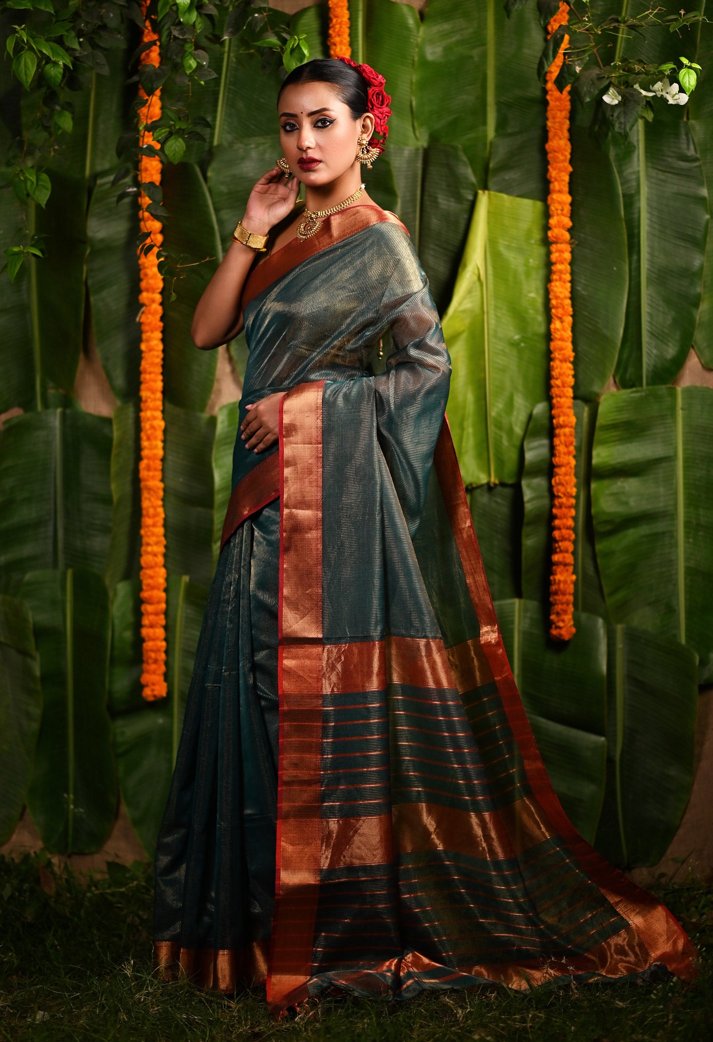 Green-Red Pure Handloom Maheshwari Sico Saree-UNM80891