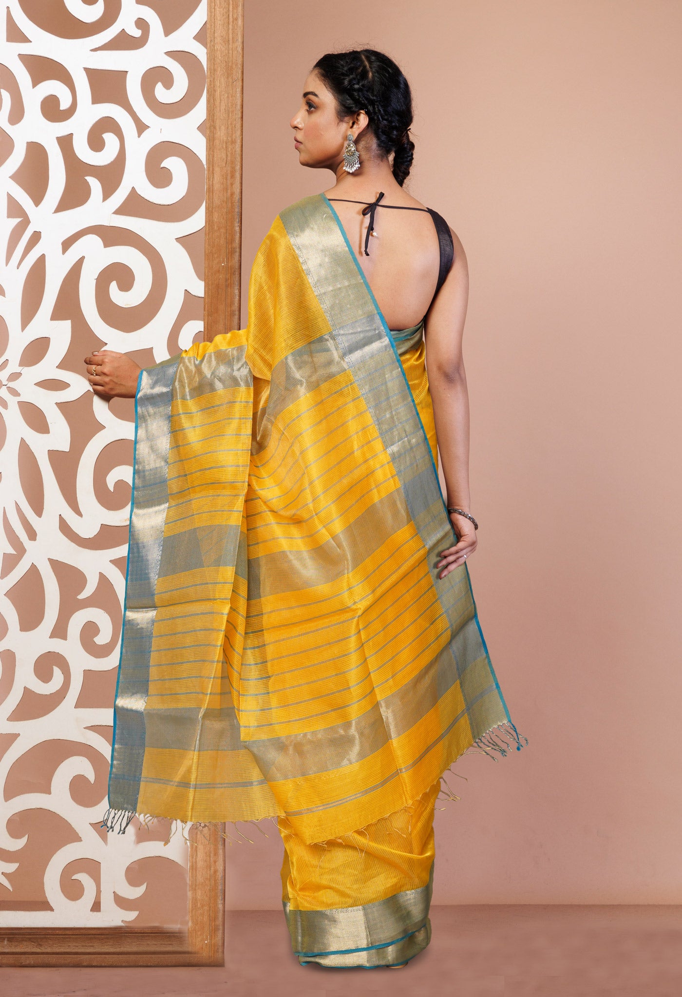 Yellow-Blue Pure Handloom Maheshwari Sico Saree-UNM80893