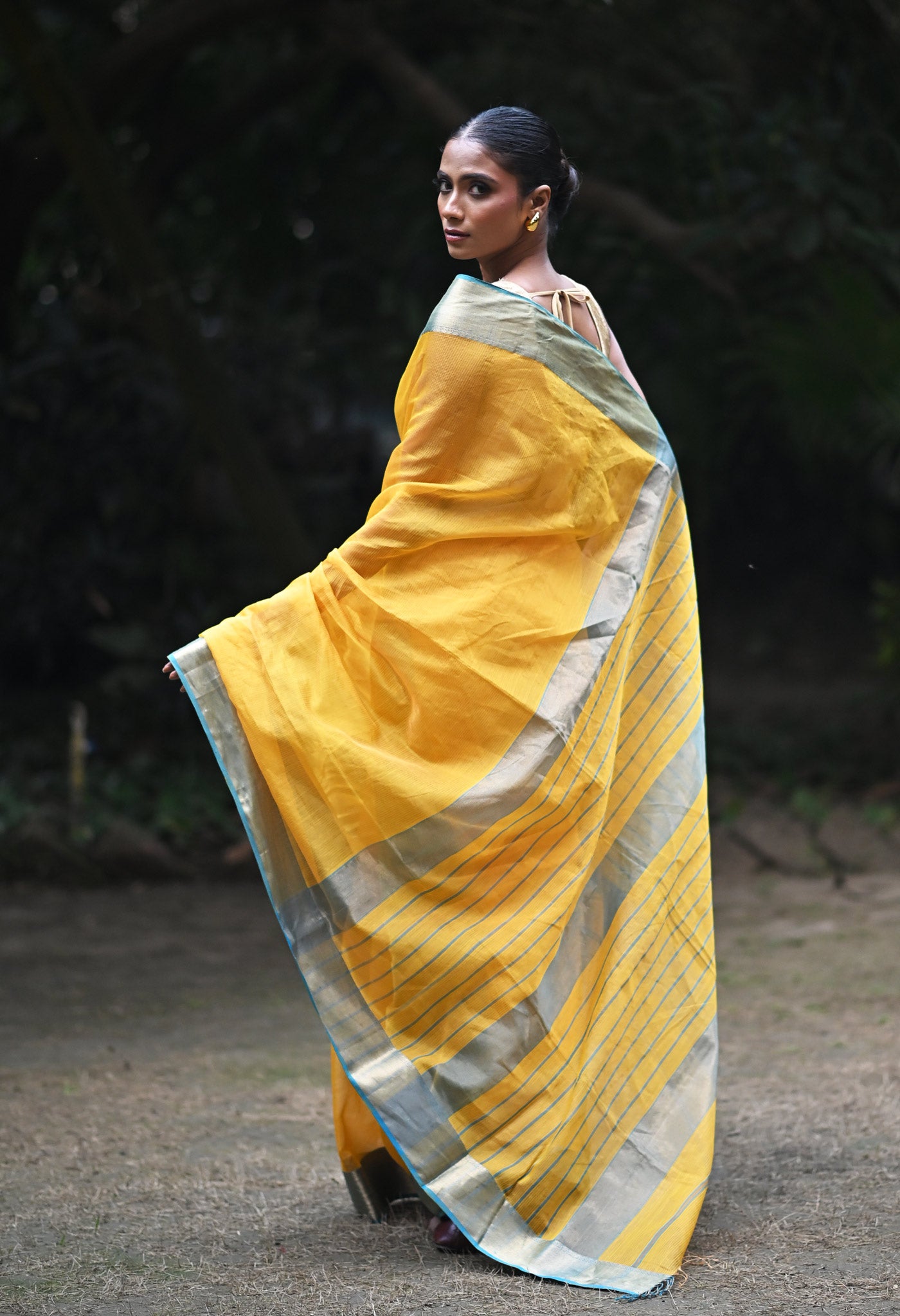 Yellow-Blue Pure Handloom Maheshwari Sico Saree-UNM80893