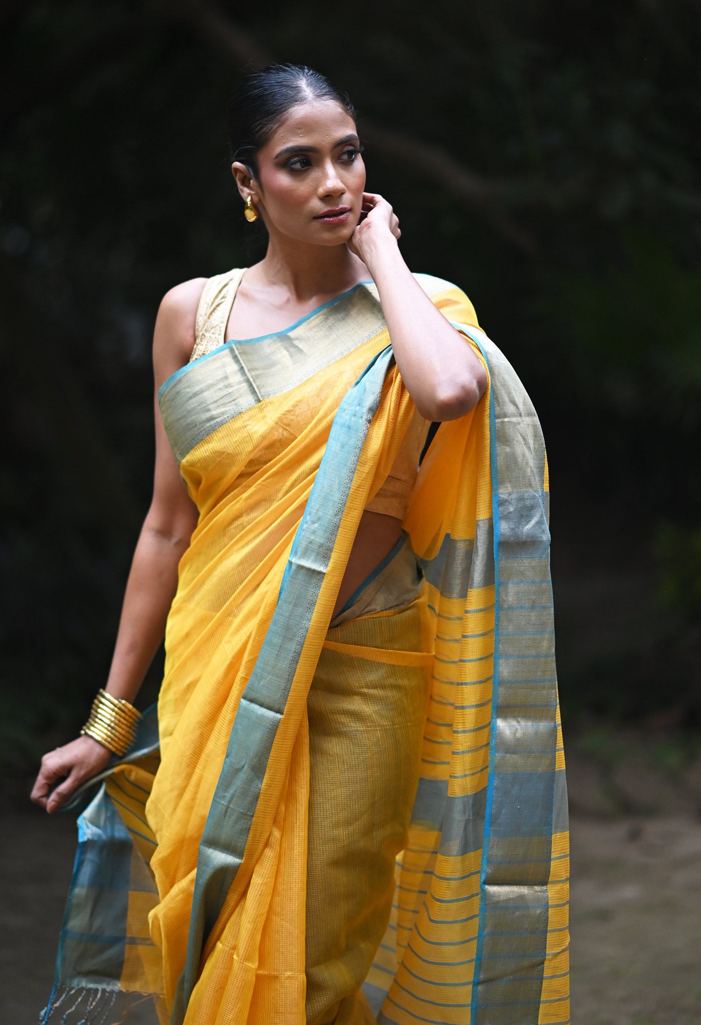 Yellow-Blue Pure Handloom Maheshwari Sico Saree-UNM80893