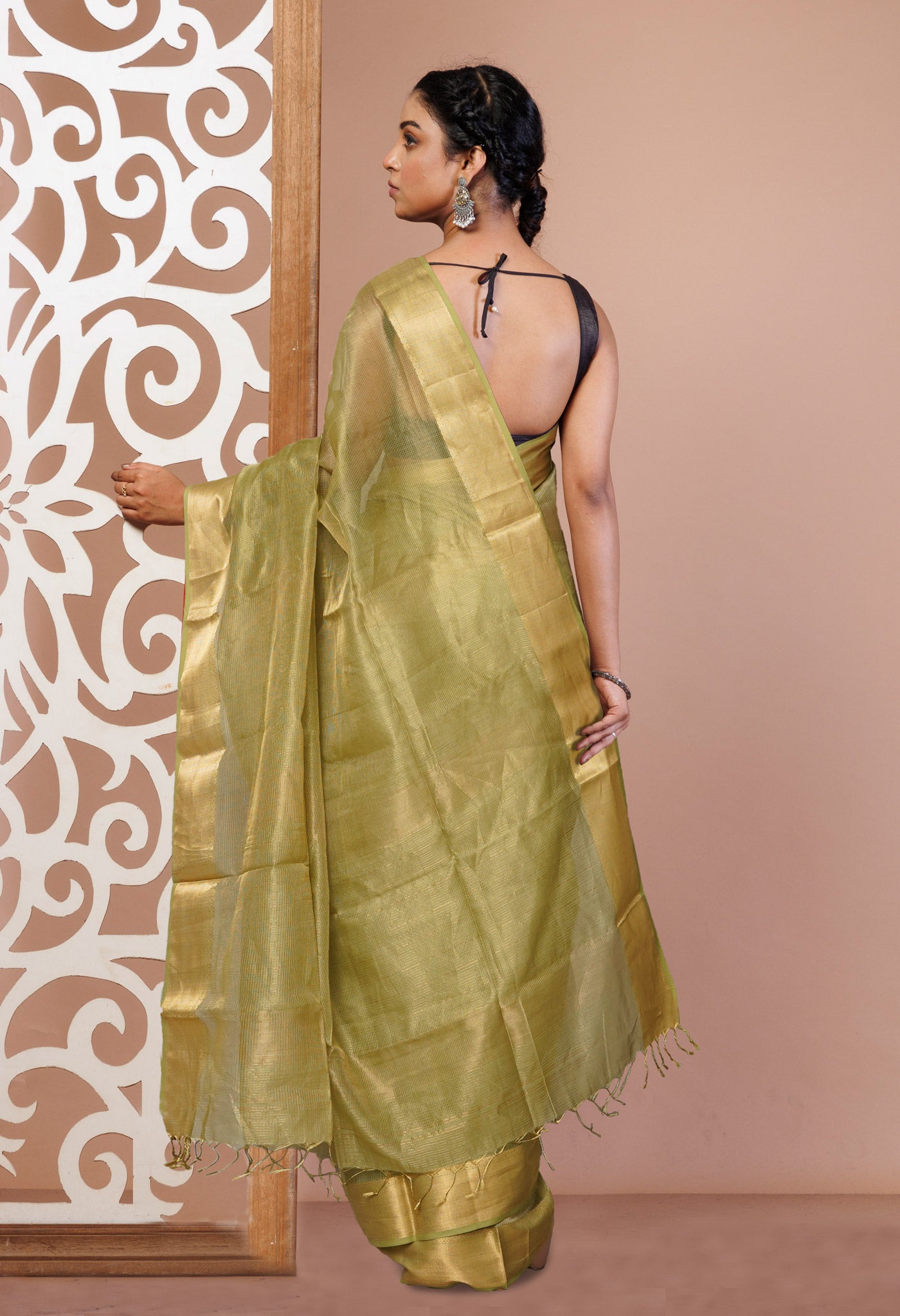 Pale Olive Green Pure Handloom Maheshwari Sico Saree-UNM80895