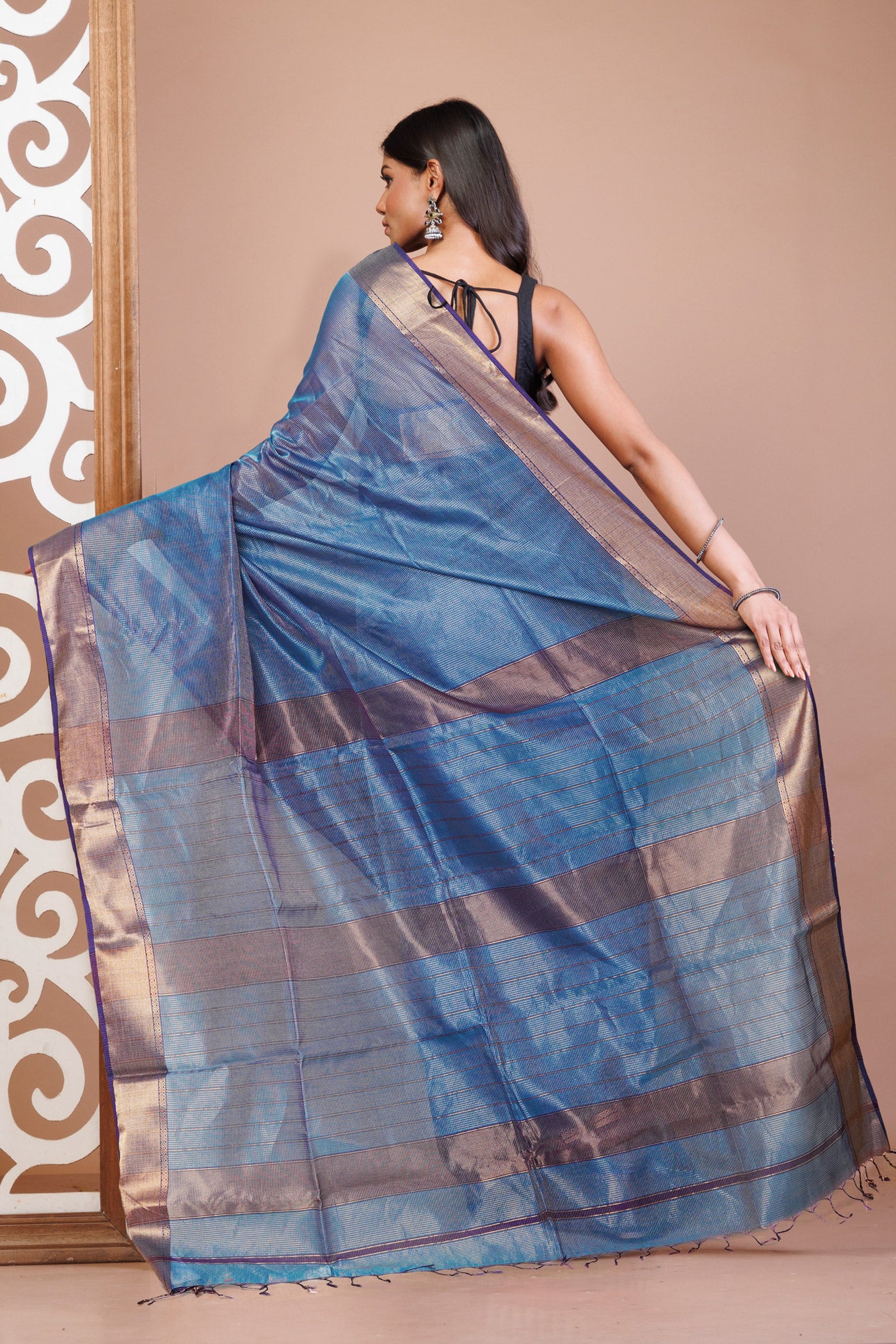 Peacock Blue-Dark Blue Pure Handloom Maheshwari Sico Saree-UNM80897