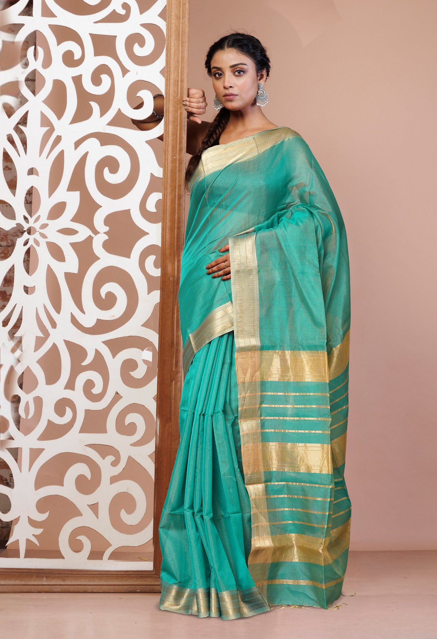 Turquoise Green Pure Handloom Maheshwari Sico Saree-UNM80911