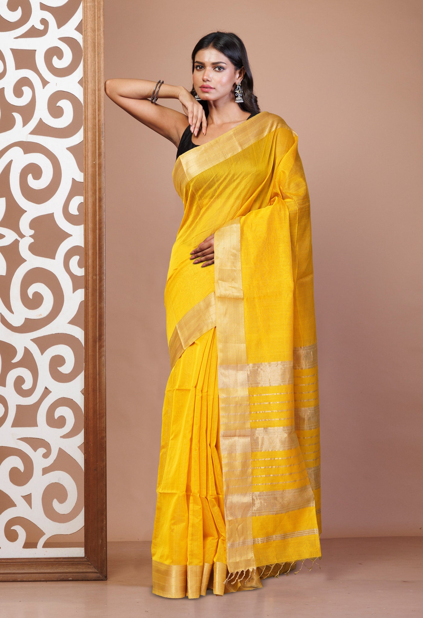 Yellow Pure Handloom Maheshwari Sico Saree-UNM80913