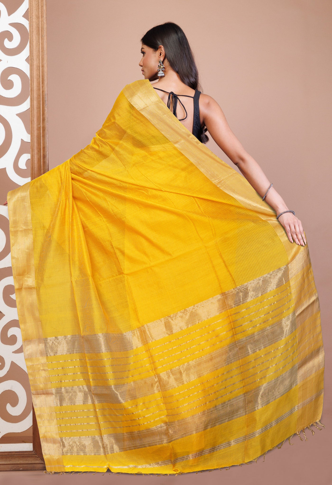 Yellow Pure Handloom Maheshwari Sico Saree-UNM80913