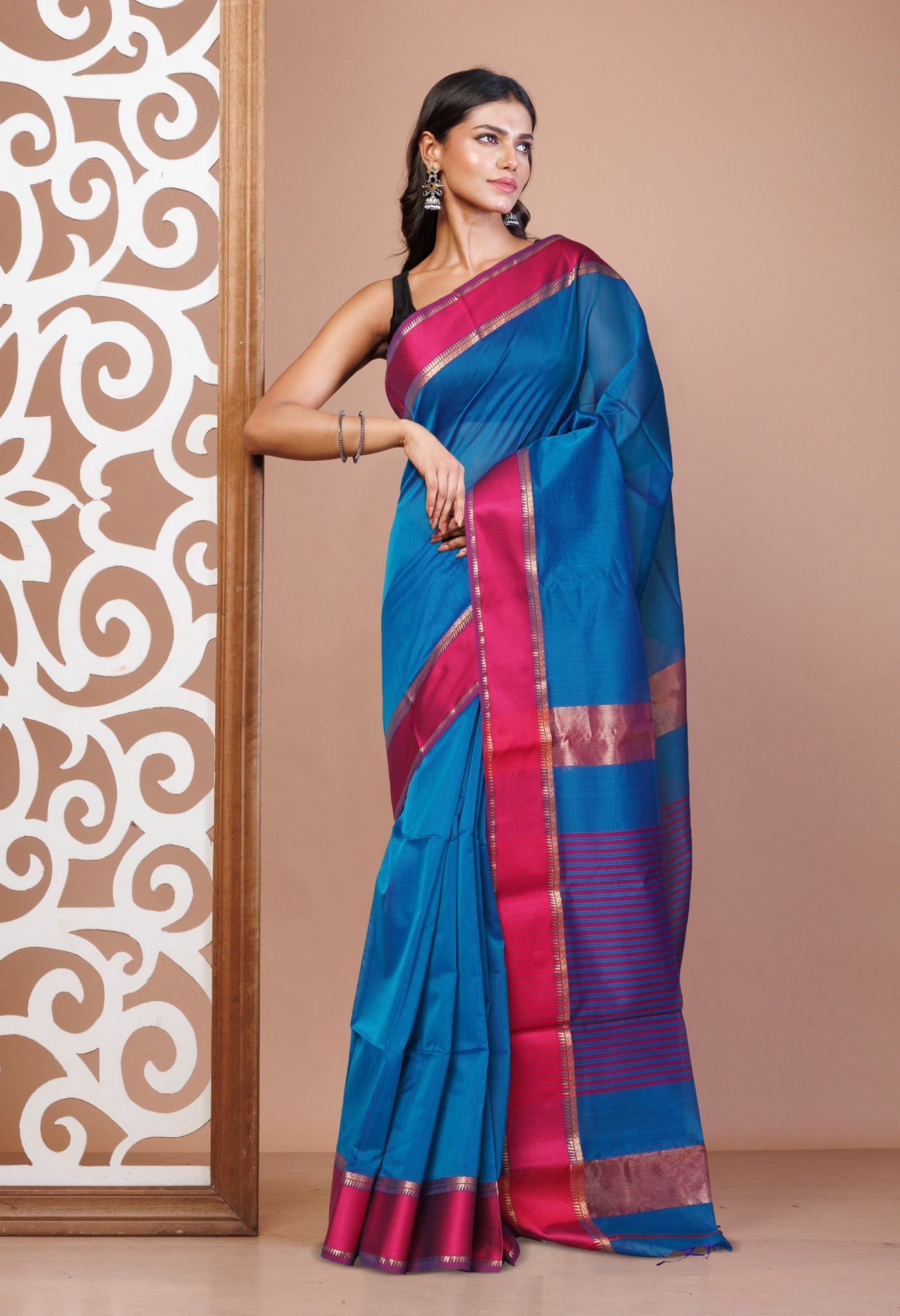 Blue-Pink Pure Handloom Maheshwari Sico Saree-UNM80917