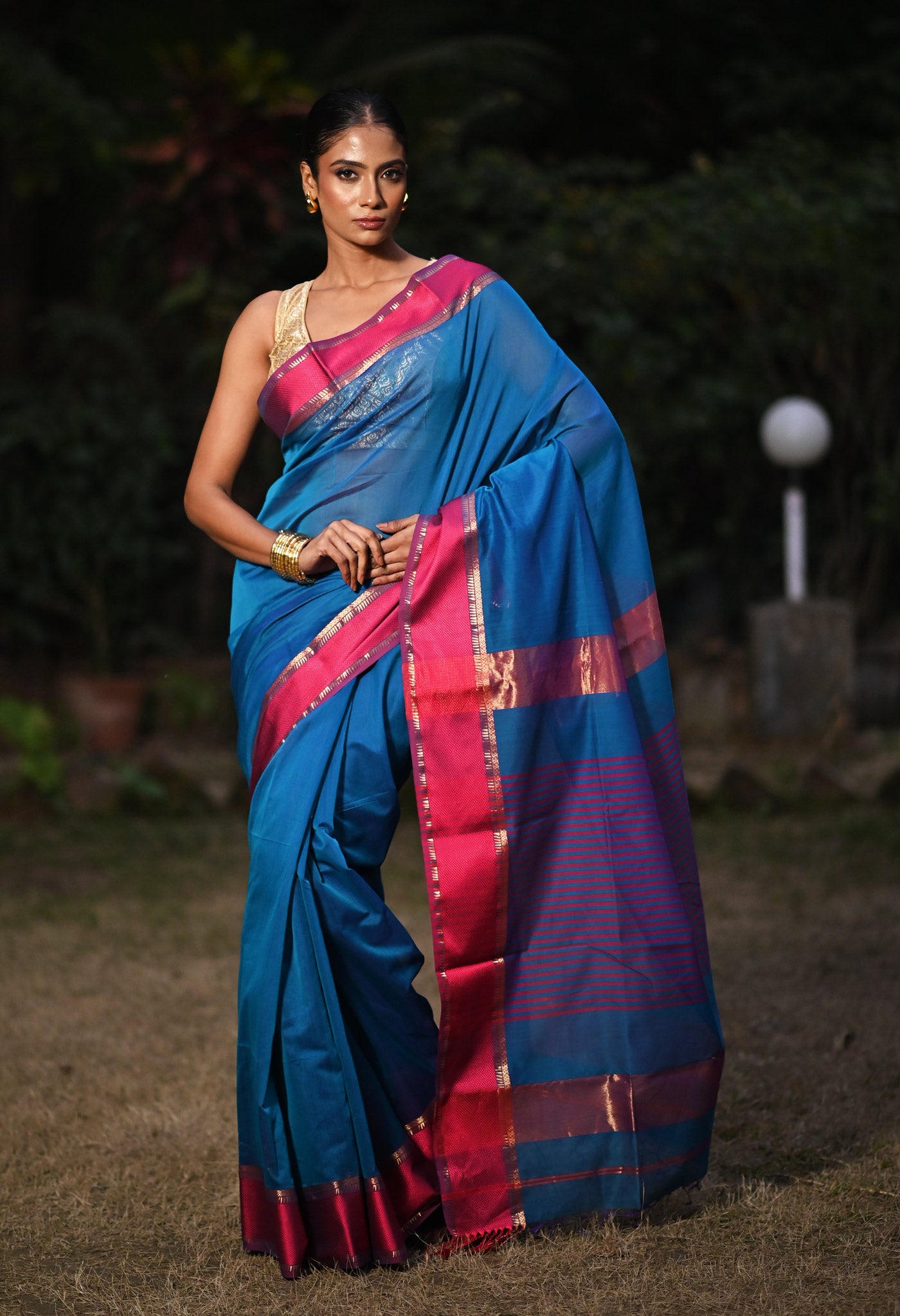 Blue-Pink Pure Handloom Maheshwari Sico Saree-UNM80917