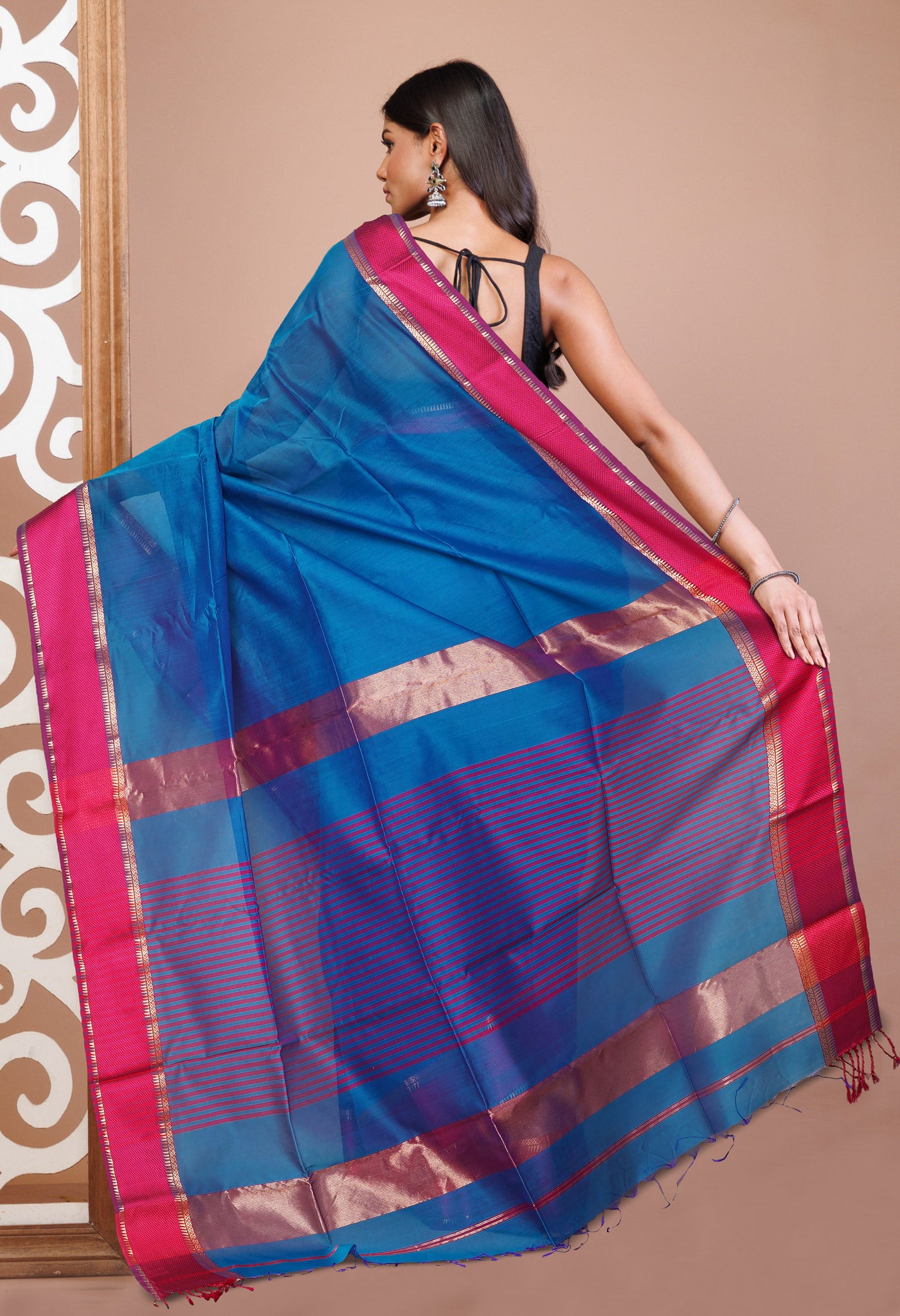 Blue-Pink Pure Handloom Maheshwari Sico Saree-UNM80917