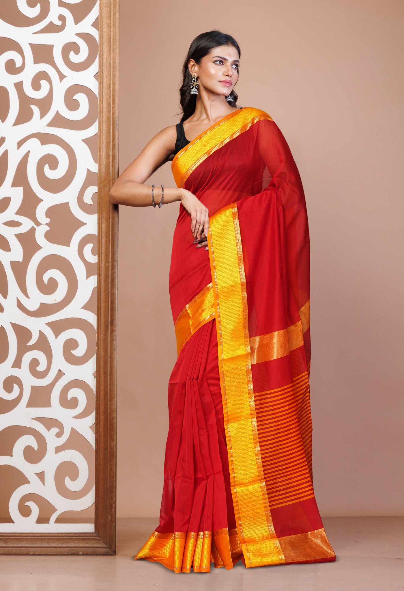 Red-Yellow Pure Handloom Maheshwari Sico Saree-UNM80918