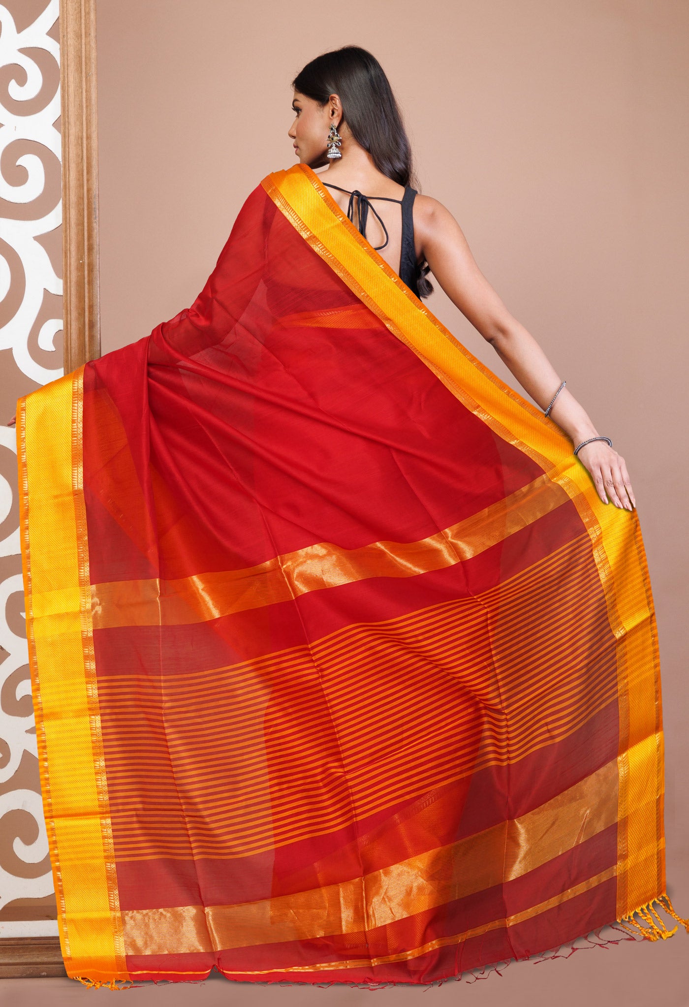 Red-Yellow Pure Handloom Maheshwari Sico Saree-UNM80918