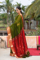 Olive Green-Red Pure Handloom Maheshwari Sico Saree-UNM80919