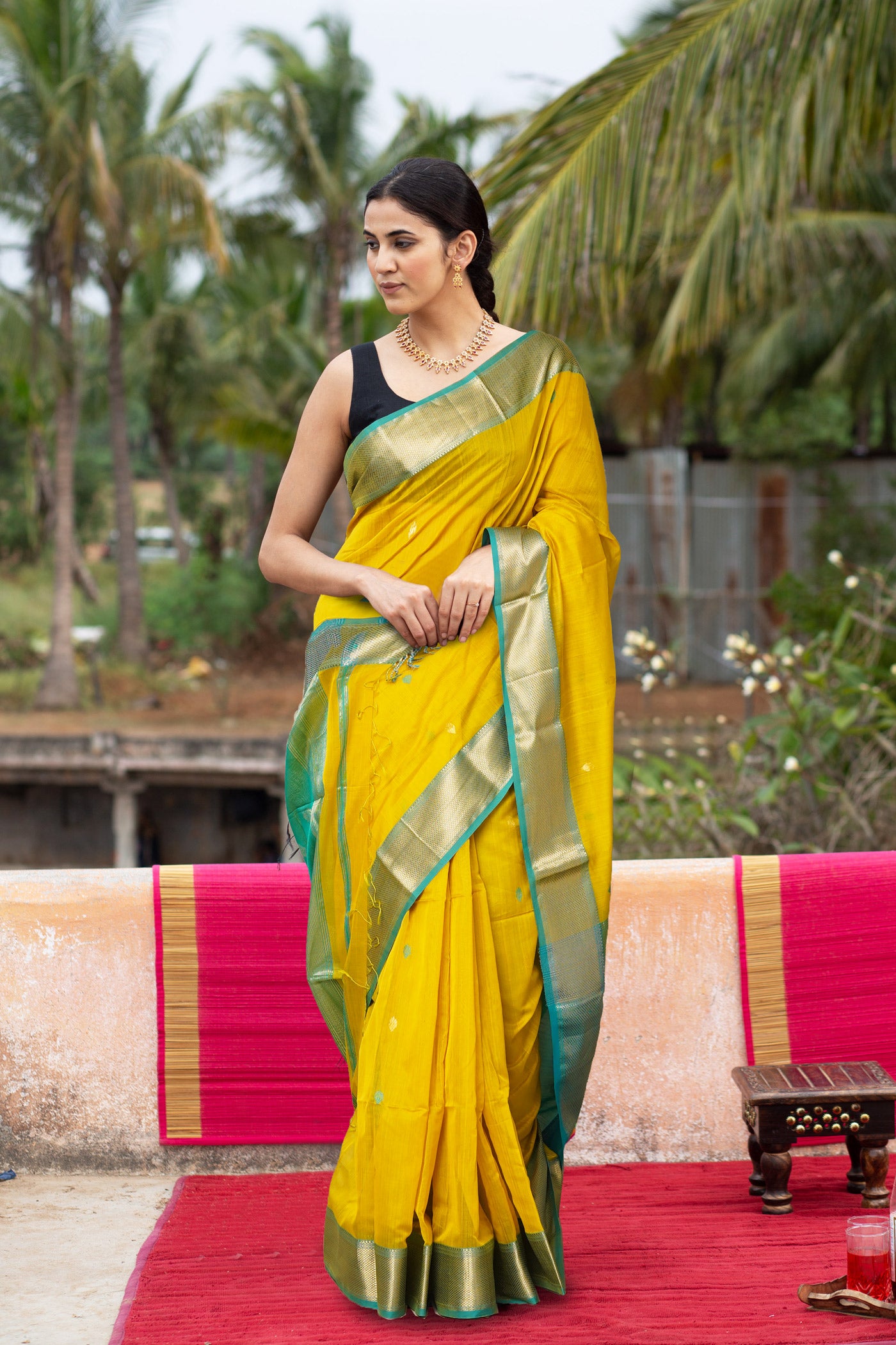 Yellow-Turquoise Blue Pure Handloom Maheshwari Sico Saree-UNM80920