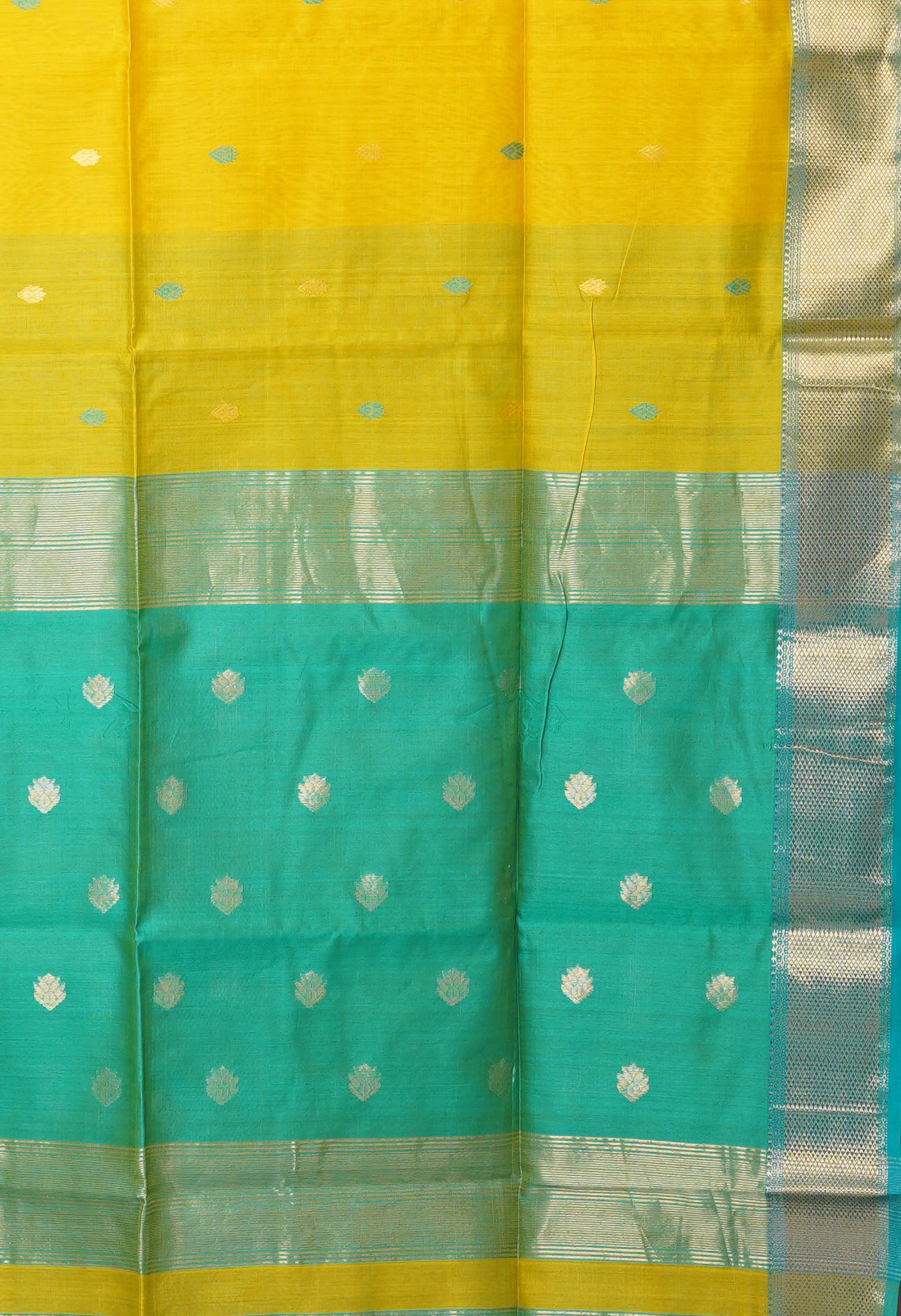 Yellow-Turquoise Blue Pure Handloom Maheshwari Sico Saree-UNM80920