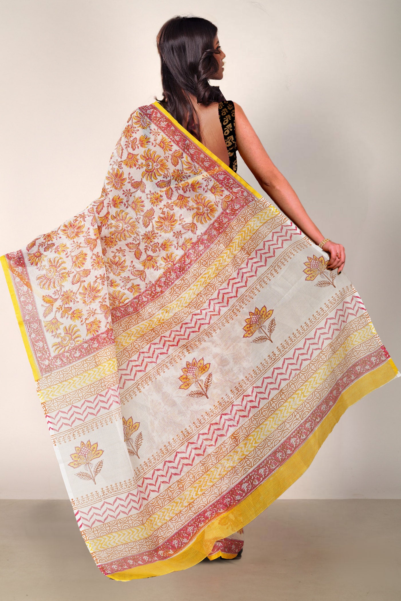 Ivory-Yellow Pure Block Printed Fancy Checks Supernet Saree-UNM80936