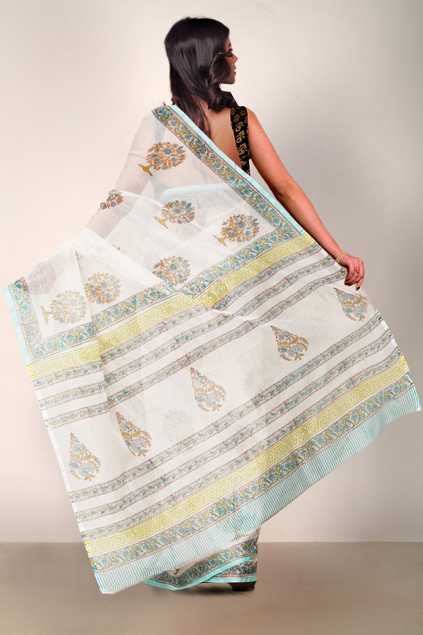 Ivory-Turquoise Blue Pure Block Printed Fancy Checks Supernet Saree-UNM80938