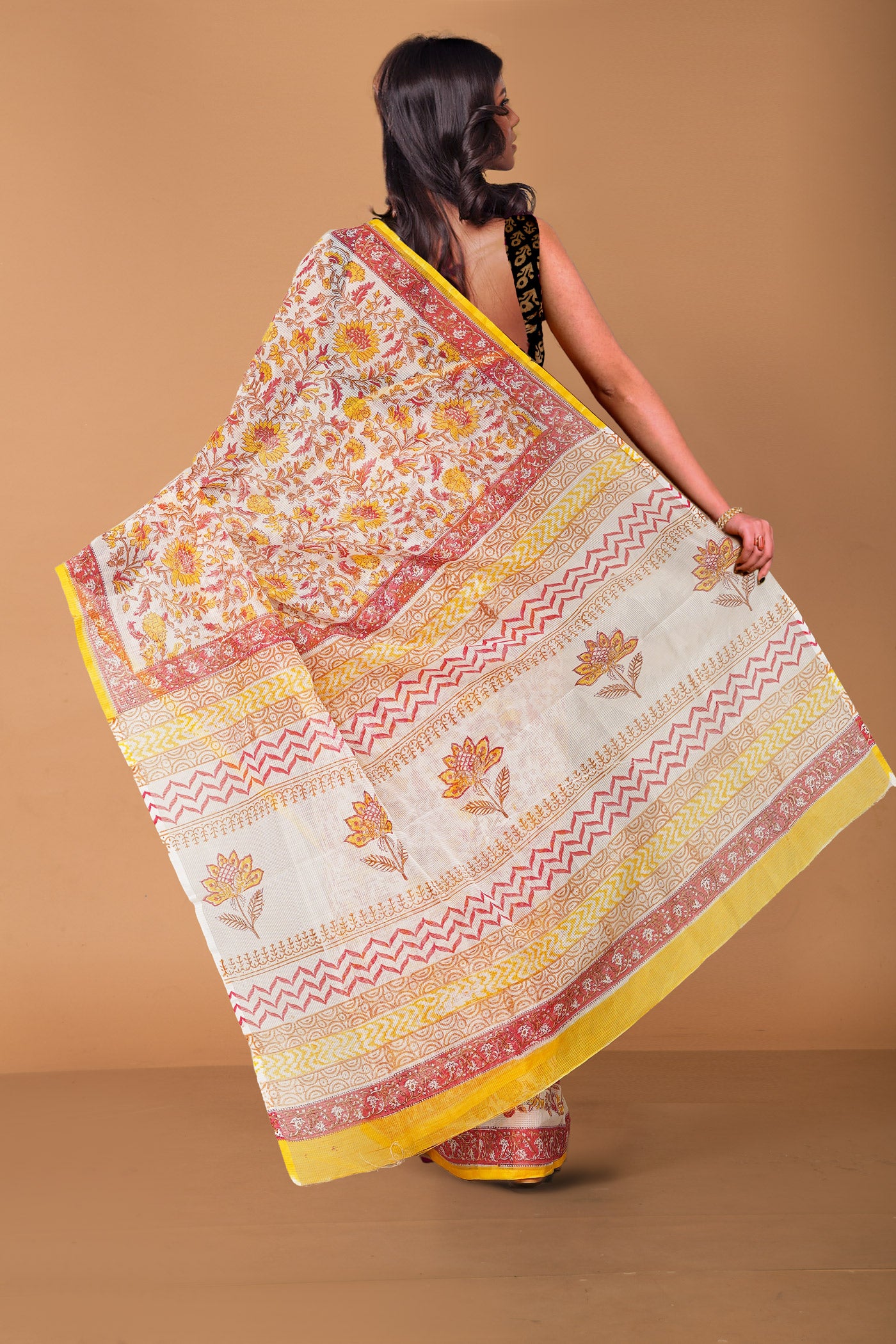 Ivory-Yellow Pure Block Printed Fancy Checks Supernet Saree-UNM80939