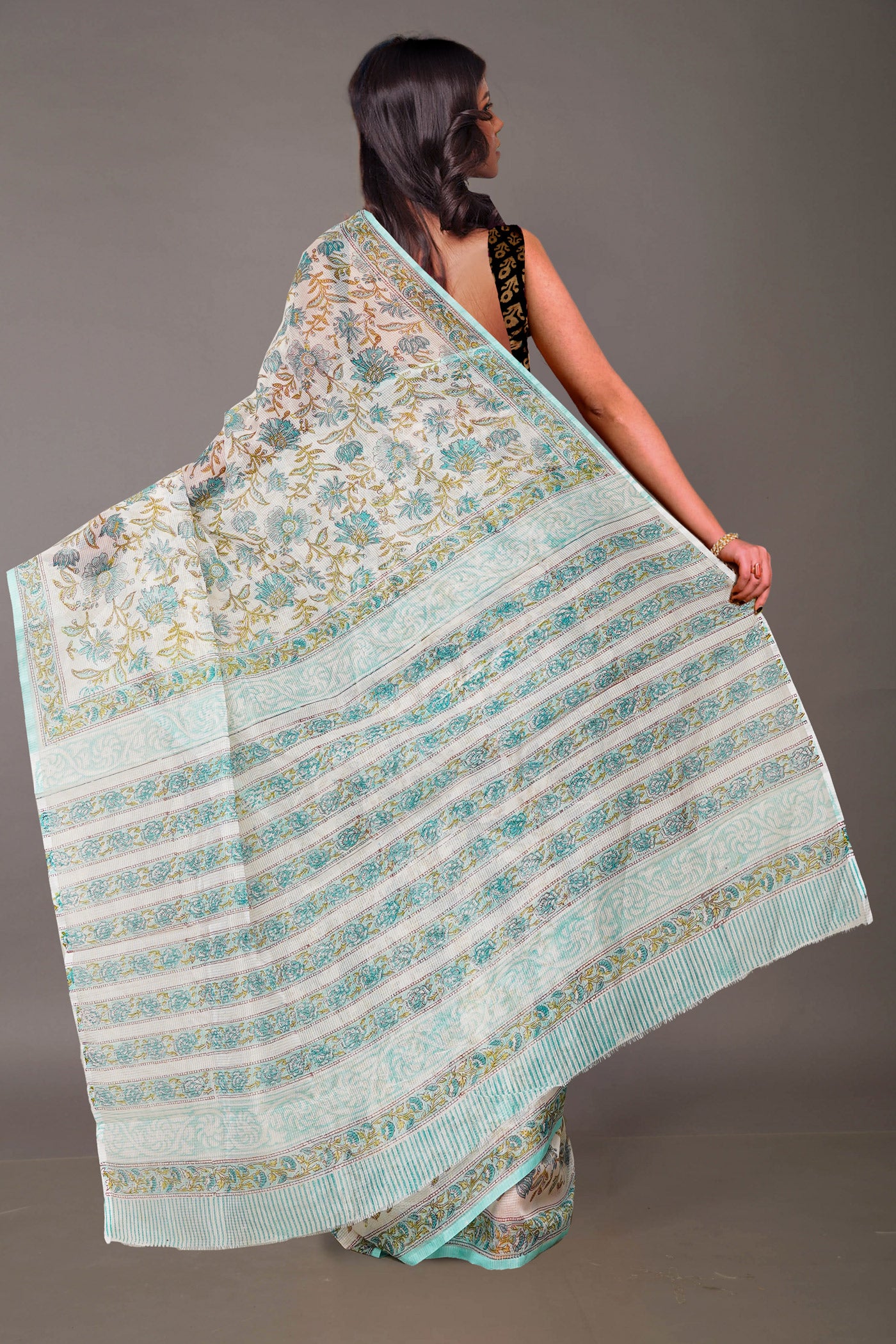 Ivory-Turquoise Blue Pure Block Printed Fancy Checks Supernet Saree-UNM80940