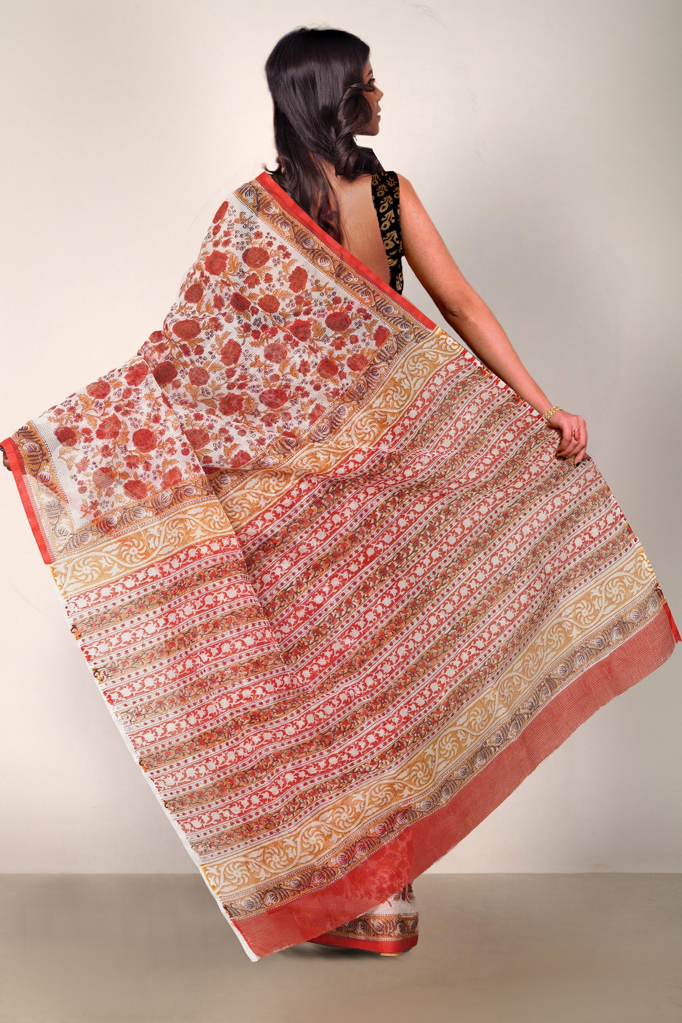 Ivory-Red Pure Block Printed Fancy Checks Supernet Saree-UNM80943