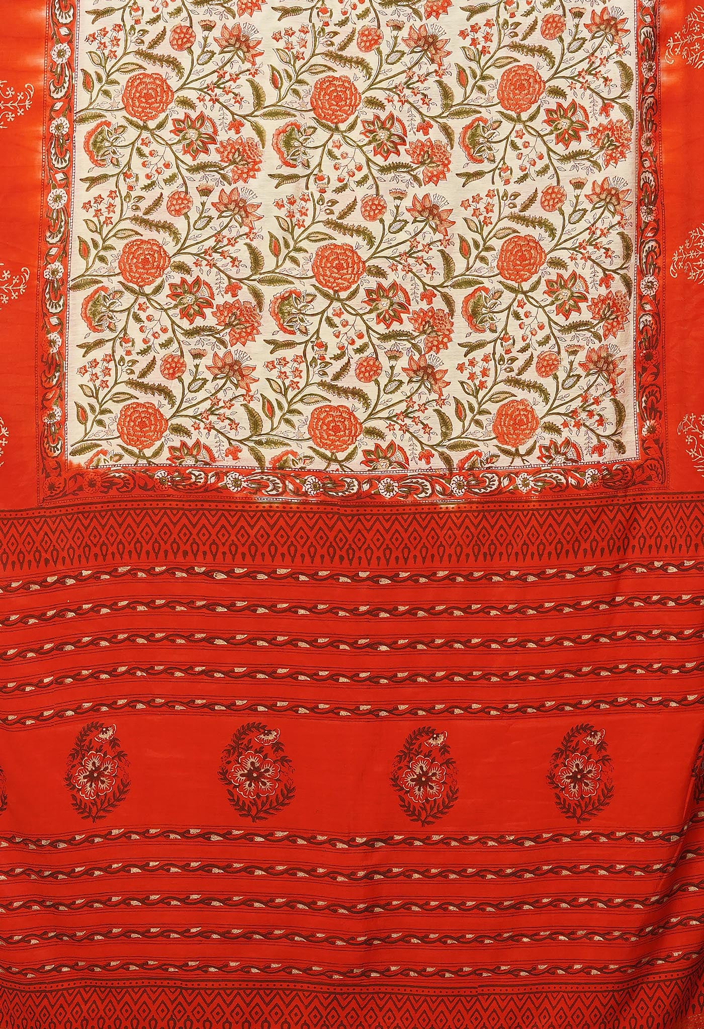 Ivory-Orange Pure Gold Embossed Printed Pashmina Sico Saree-UNM80944