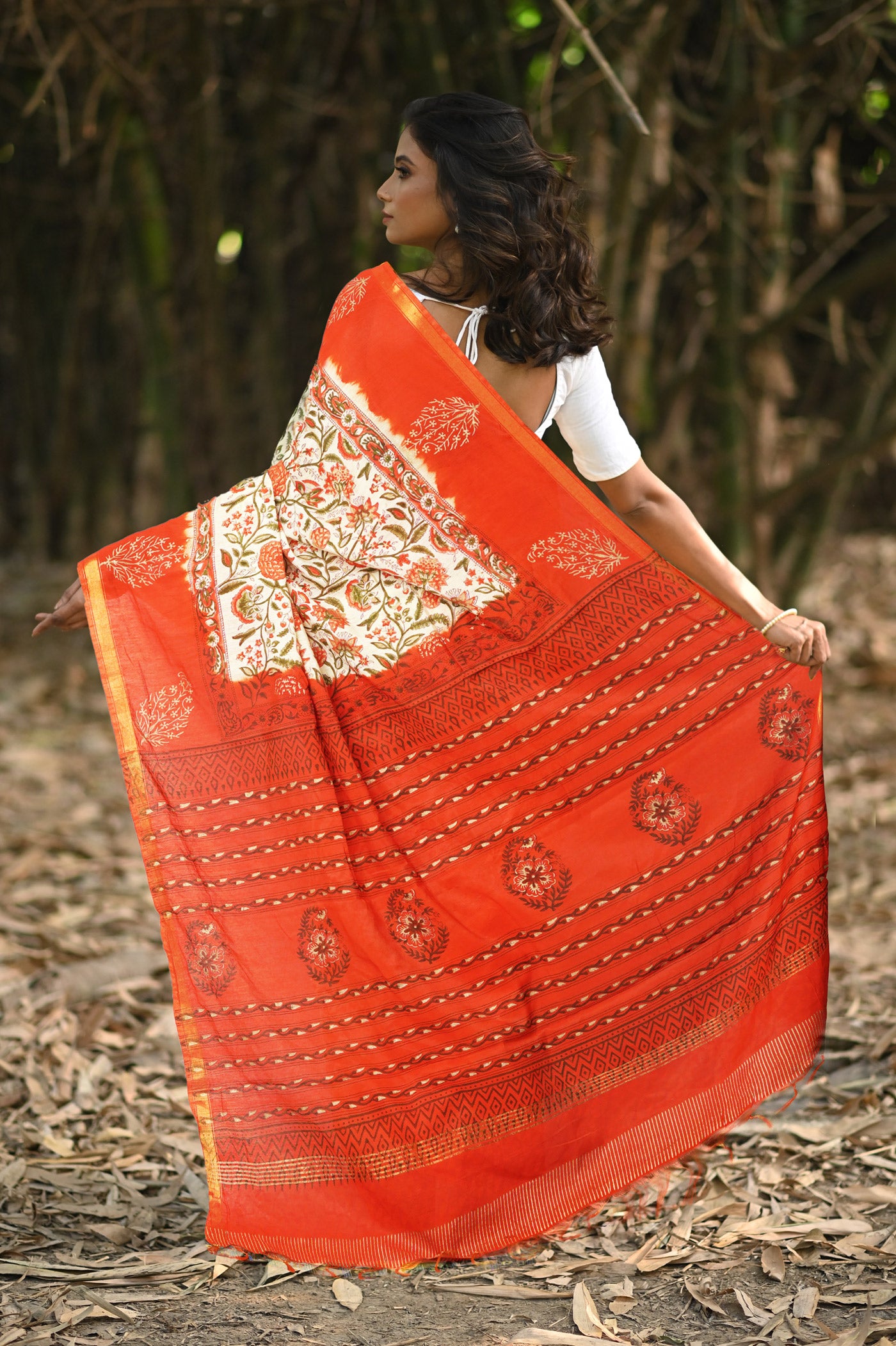 Ivory-Orange Pure Gold Embossed Printed Pashmina Sico Saree-UNM80944