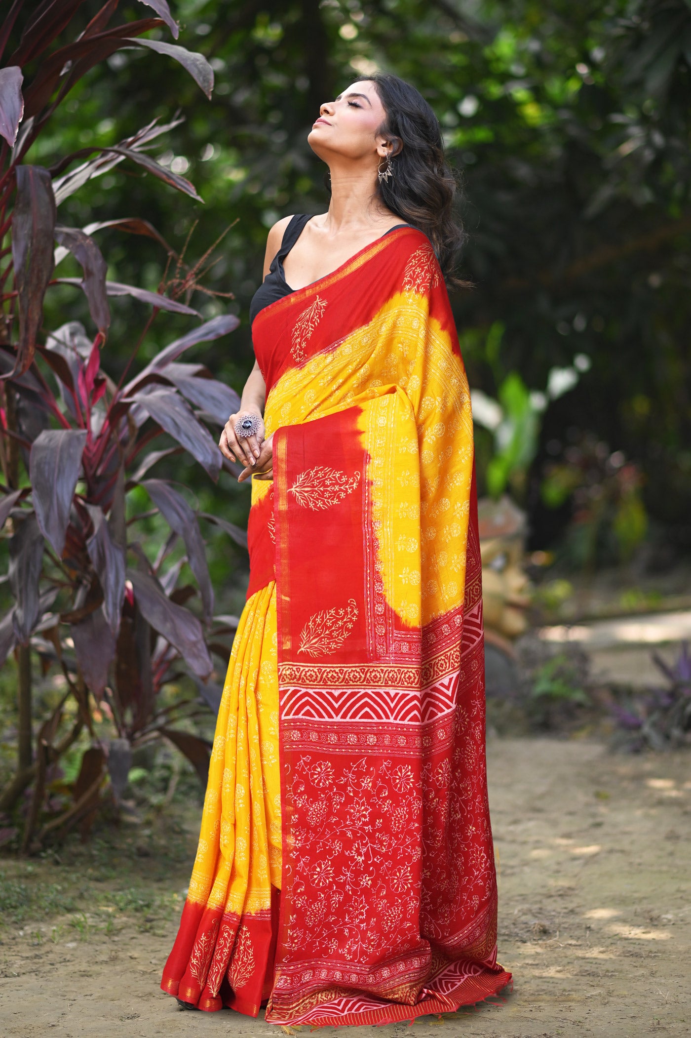 Yellow-Red Pure Gold Embossed Printed Pashmina Sico Saree-UNM80945