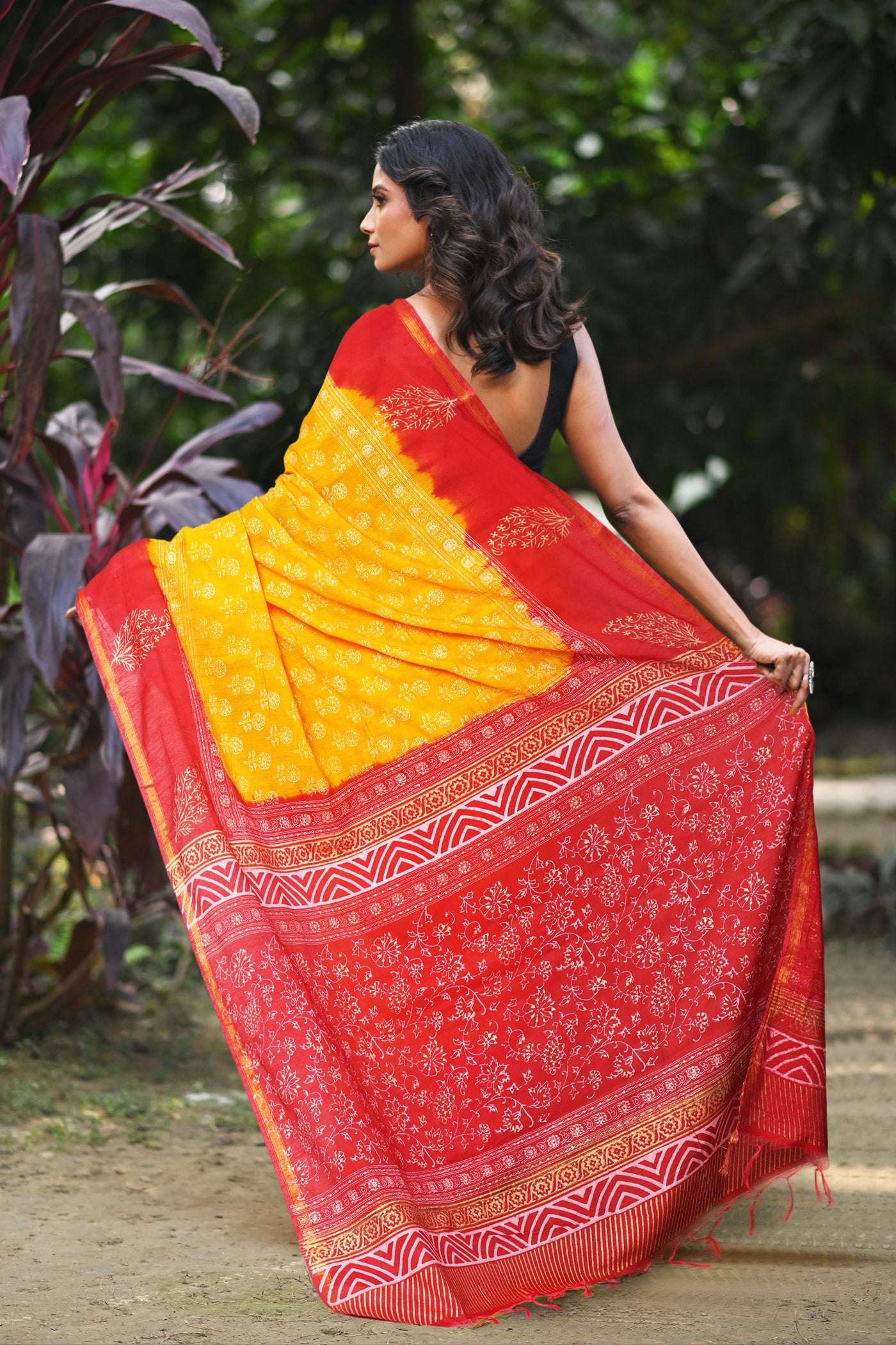 Yellow-Red Pure Gold Embossed Printed Pashmina Sico Saree-UNM80945