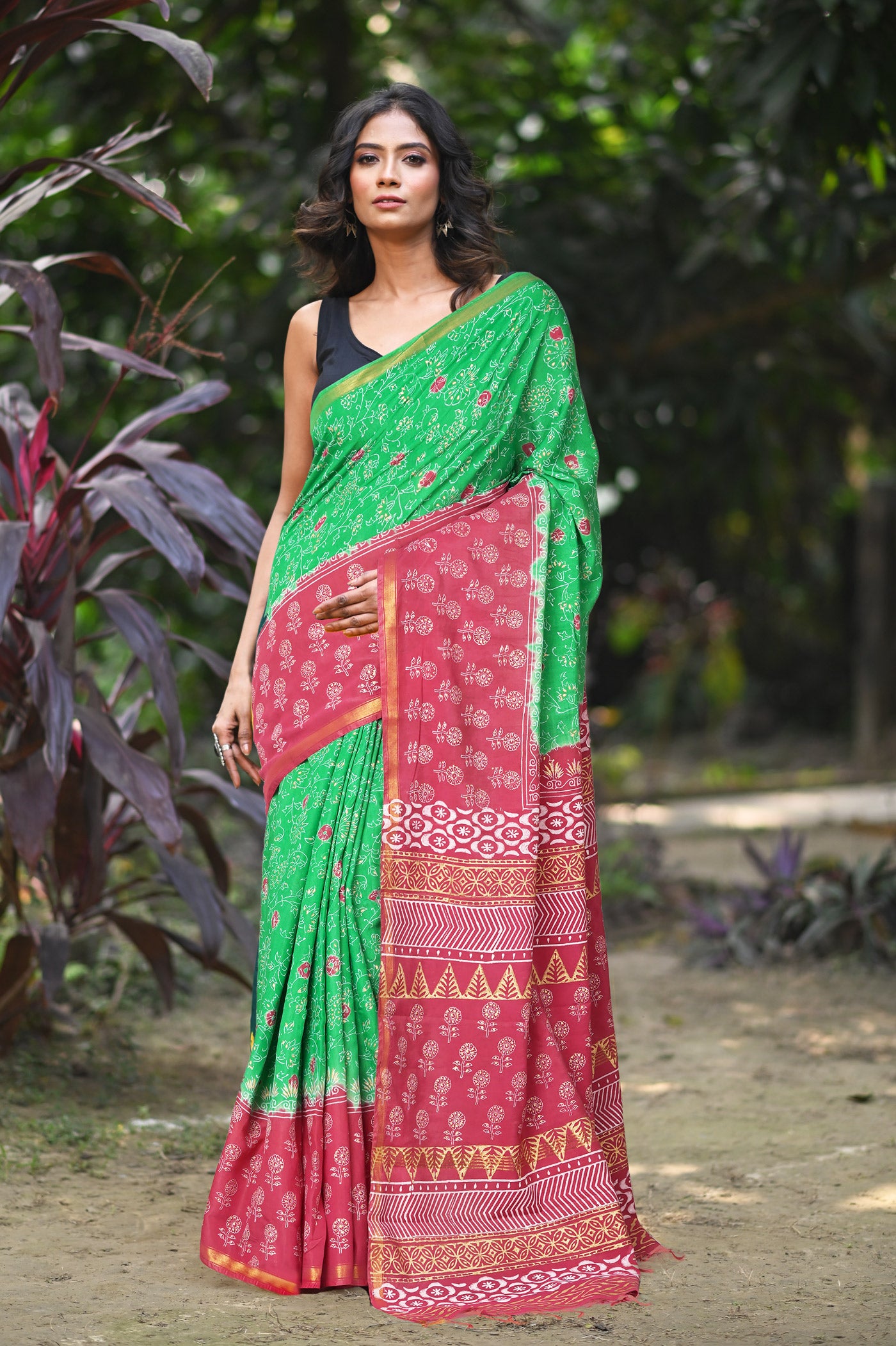 Green-Pink Pure Gold Embossed Printed Pashmina Sico Saree-UNM80946