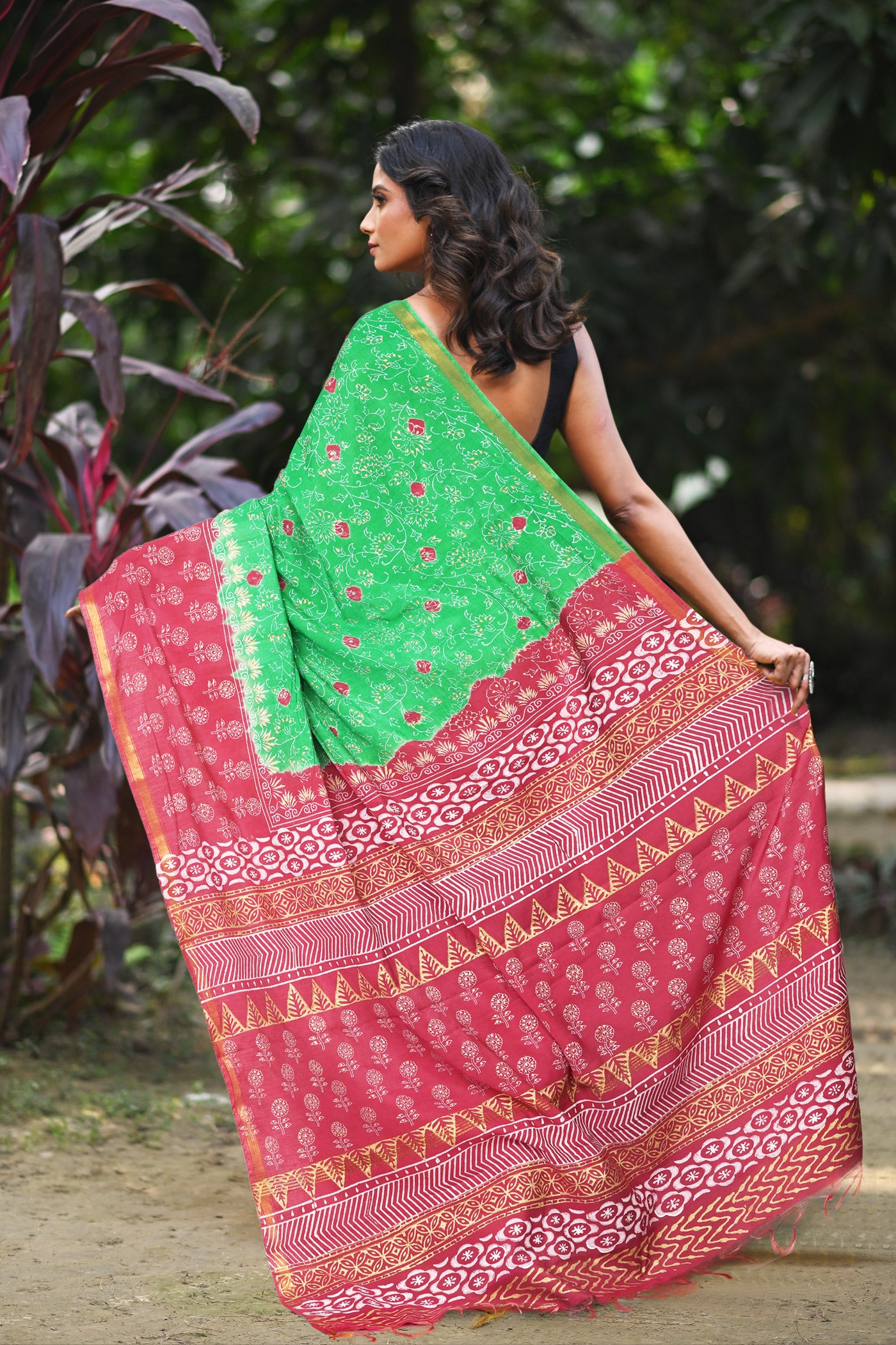 Green-Pink Pure Gold Embossed Printed Pashmina Sico Saree-UNM80946