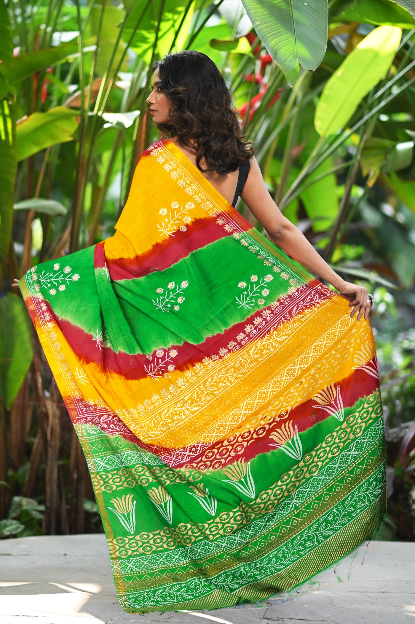 Green-Yellow Pure Gold Embossed Printed Pashmina Sico Saree-UNM80947