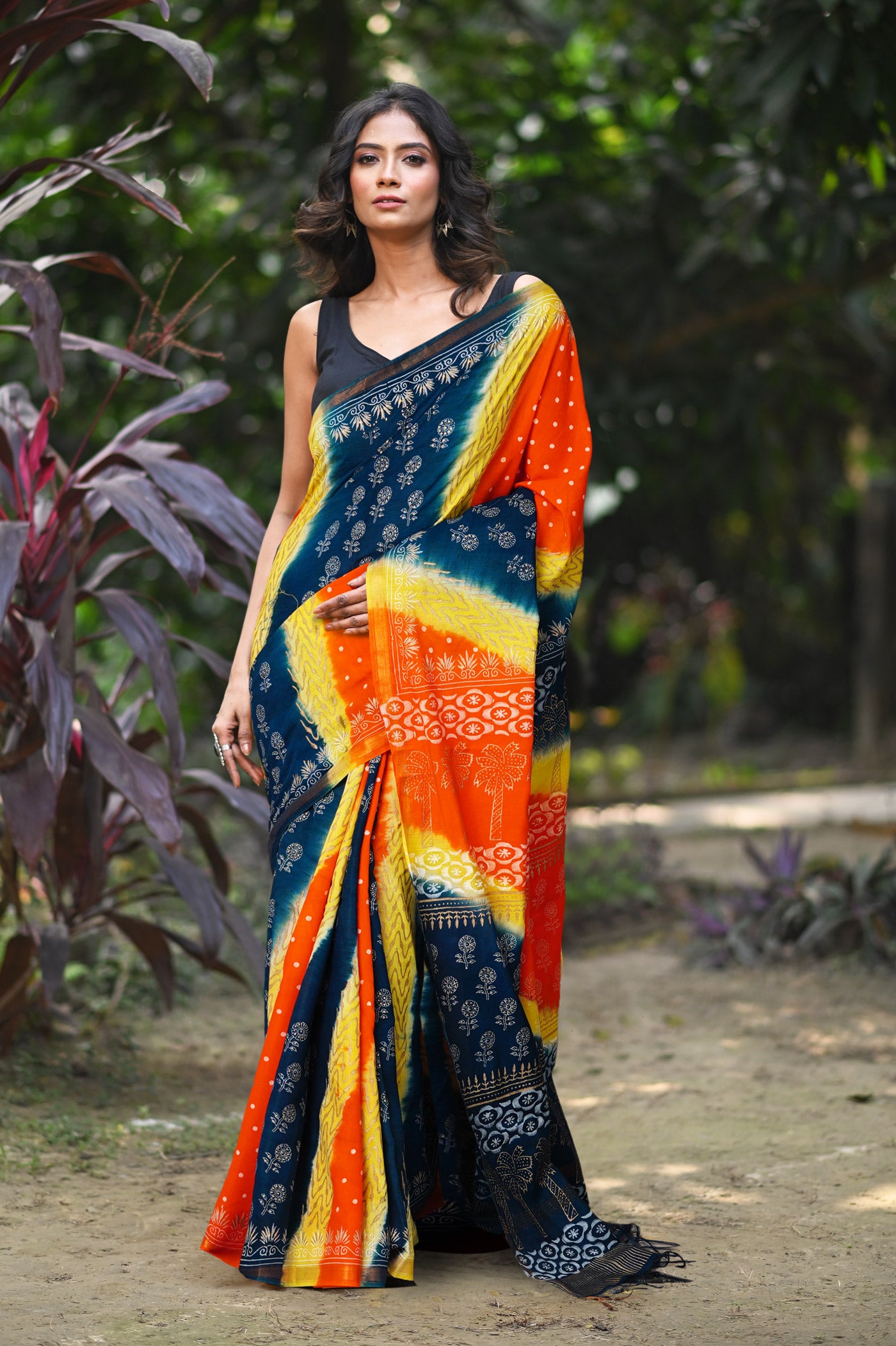 Peacock Green-Orange Pure Gold Embossed Printed Pashmina Sico Saree-UNM80948