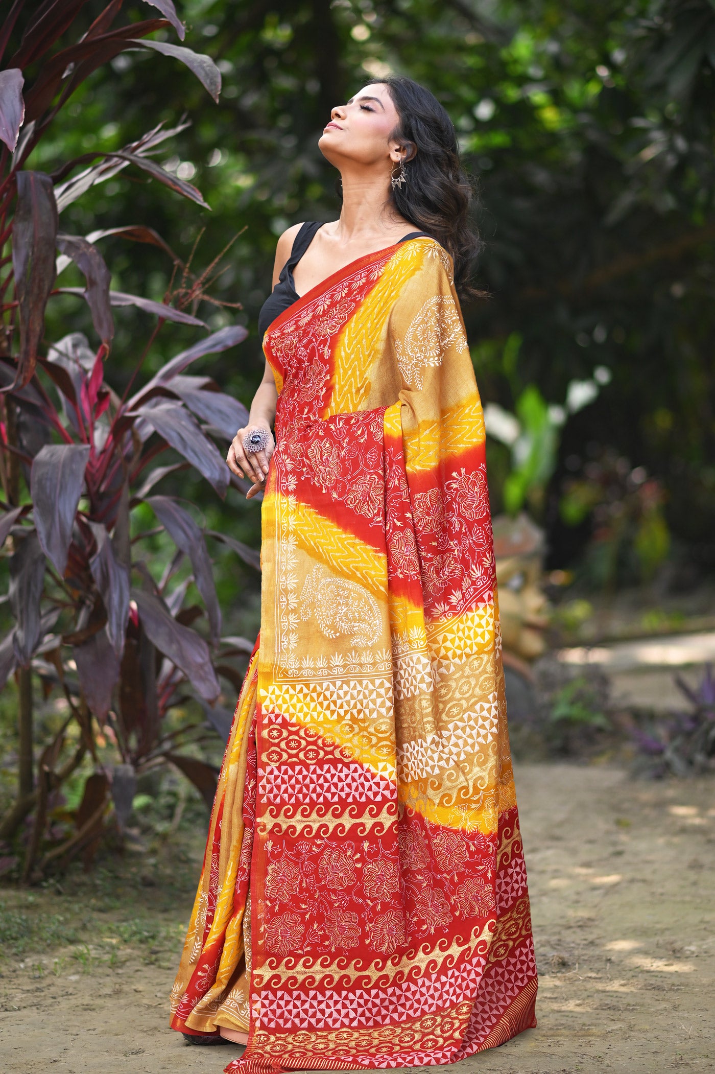 Brown-Red Pure Gold Embossed Printed Pashmina Sico Saree-UNM80949