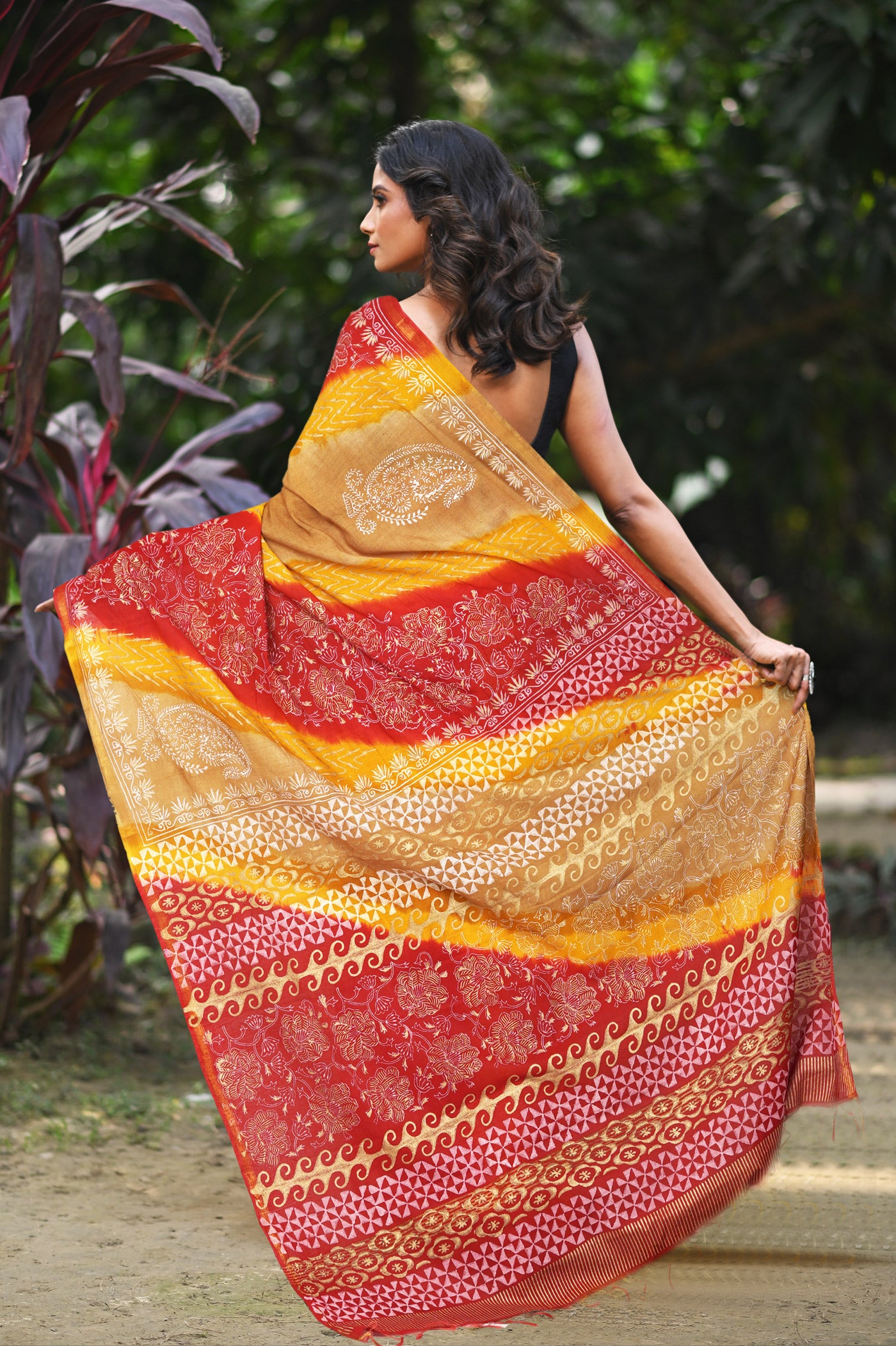 Brown-Red Pure Gold Embossed Printed Pashmina Sico Saree-UNM80949