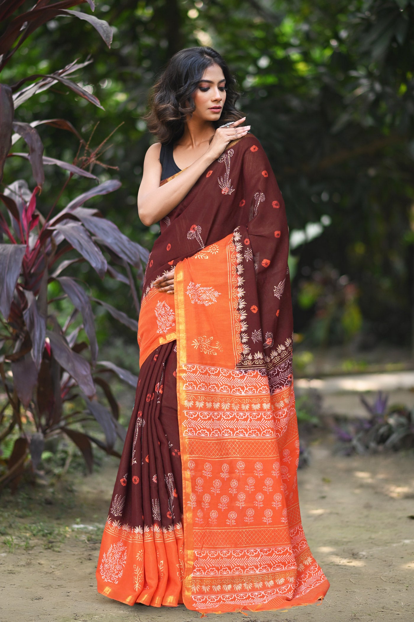 Dark Brown-Orange Pure Gold Embossed Printed Pashmina Sico Saree-UNM80950