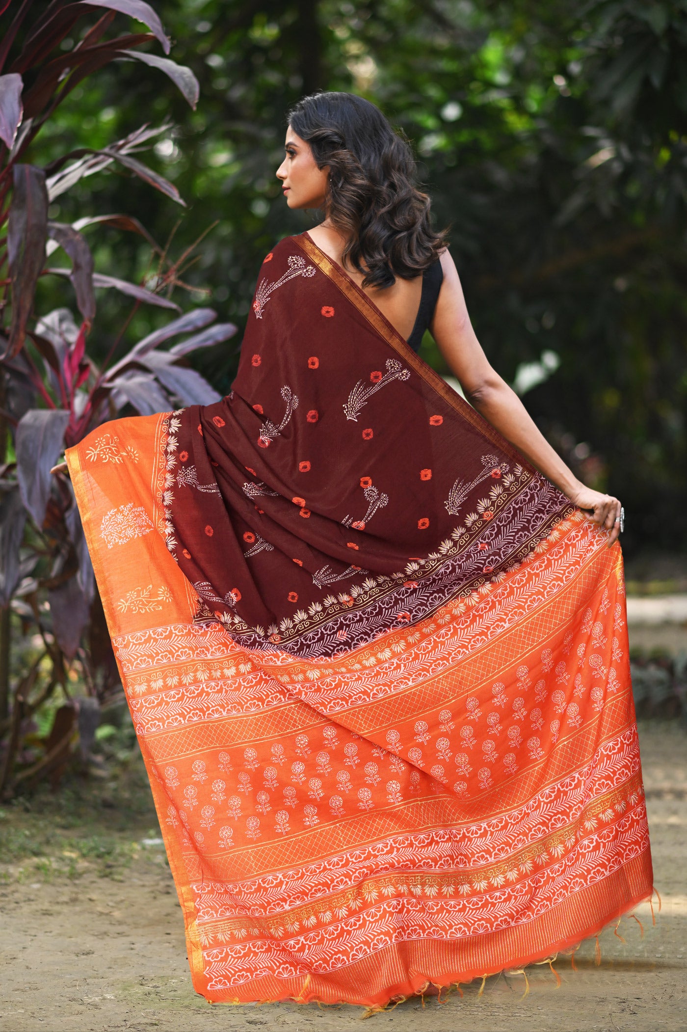 Dark Brown-Orange Pure Gold Embossed Printed Pashmina Sico Saree-UNM80950