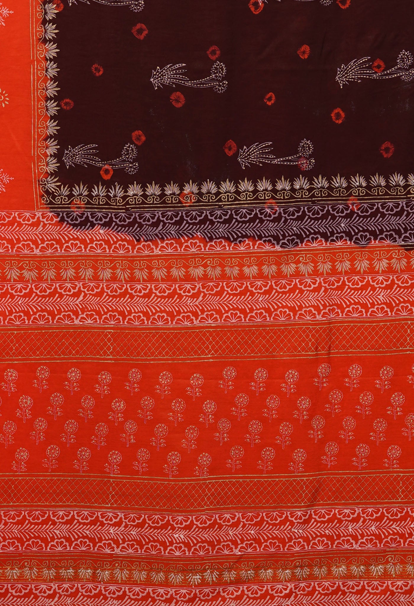 Dark Brown-Orange Pure Gold Embossed Printed Pashmina Sico Saree-UNM80950