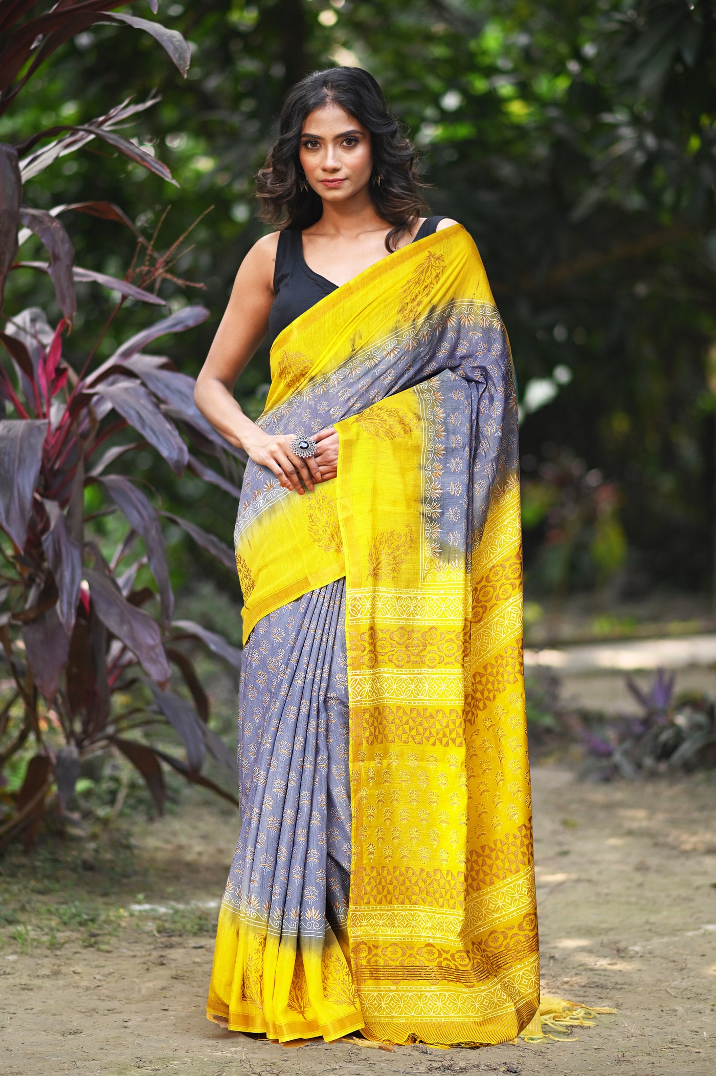 Grey-Yellow Pure Gold Embossed Printed Pashmina Sico Saree-UNM80951