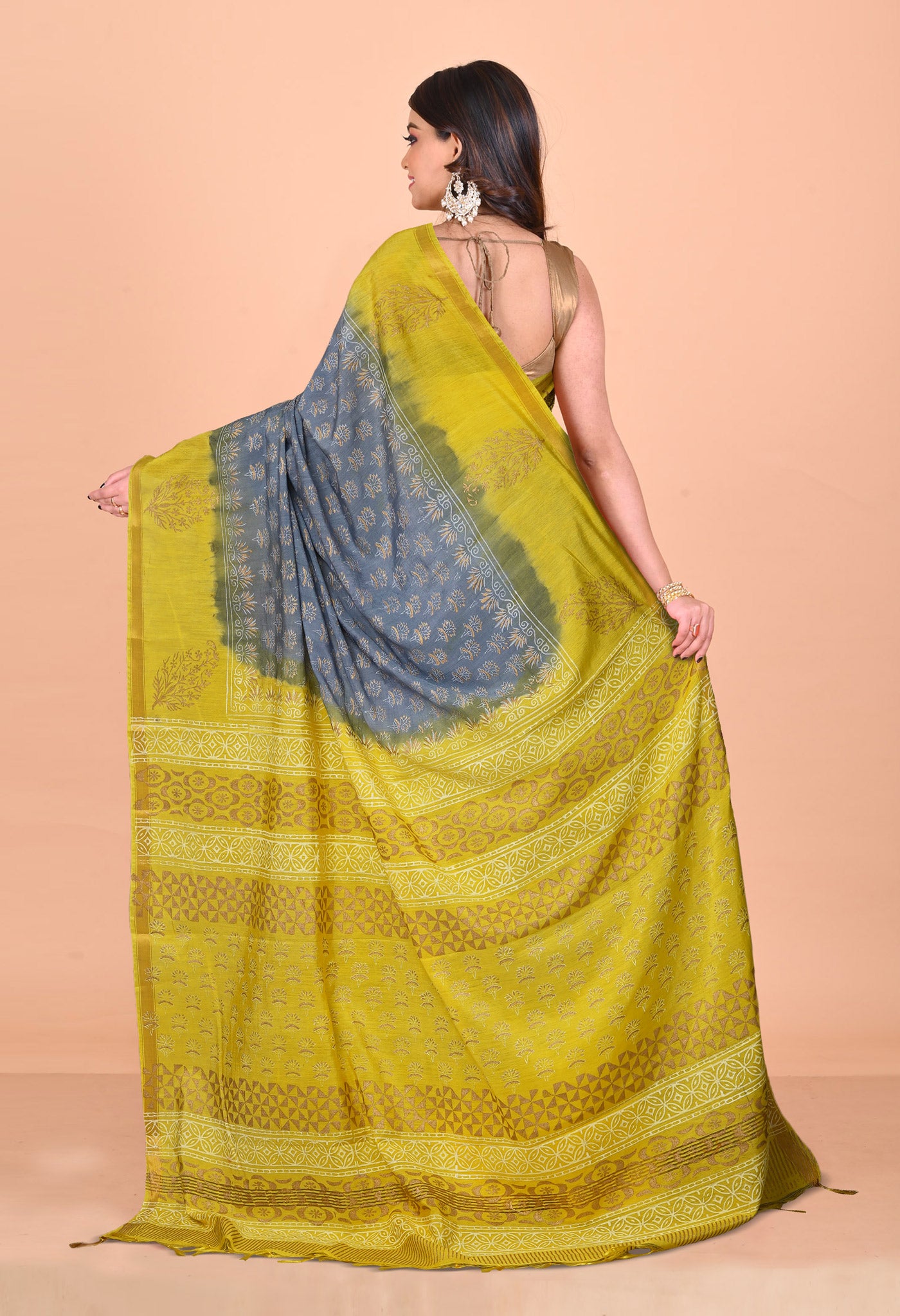 Grey-Yellow Pure Gold Embossed Printed Pashmina Sico Saree-UNM80951