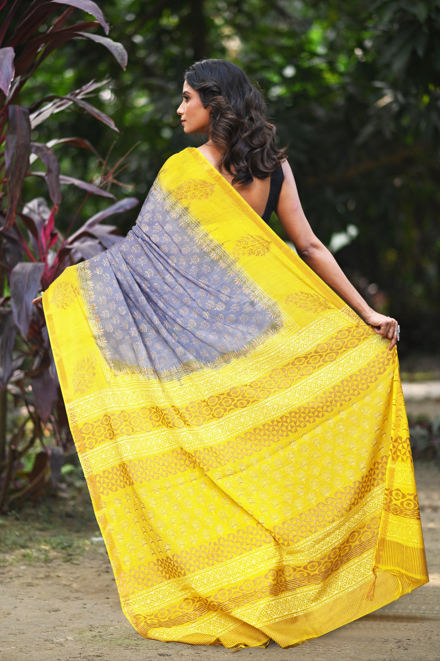 Grey-Yellow Pure Gold Embossed Printed Pashmina Sico Saree-UNM80951