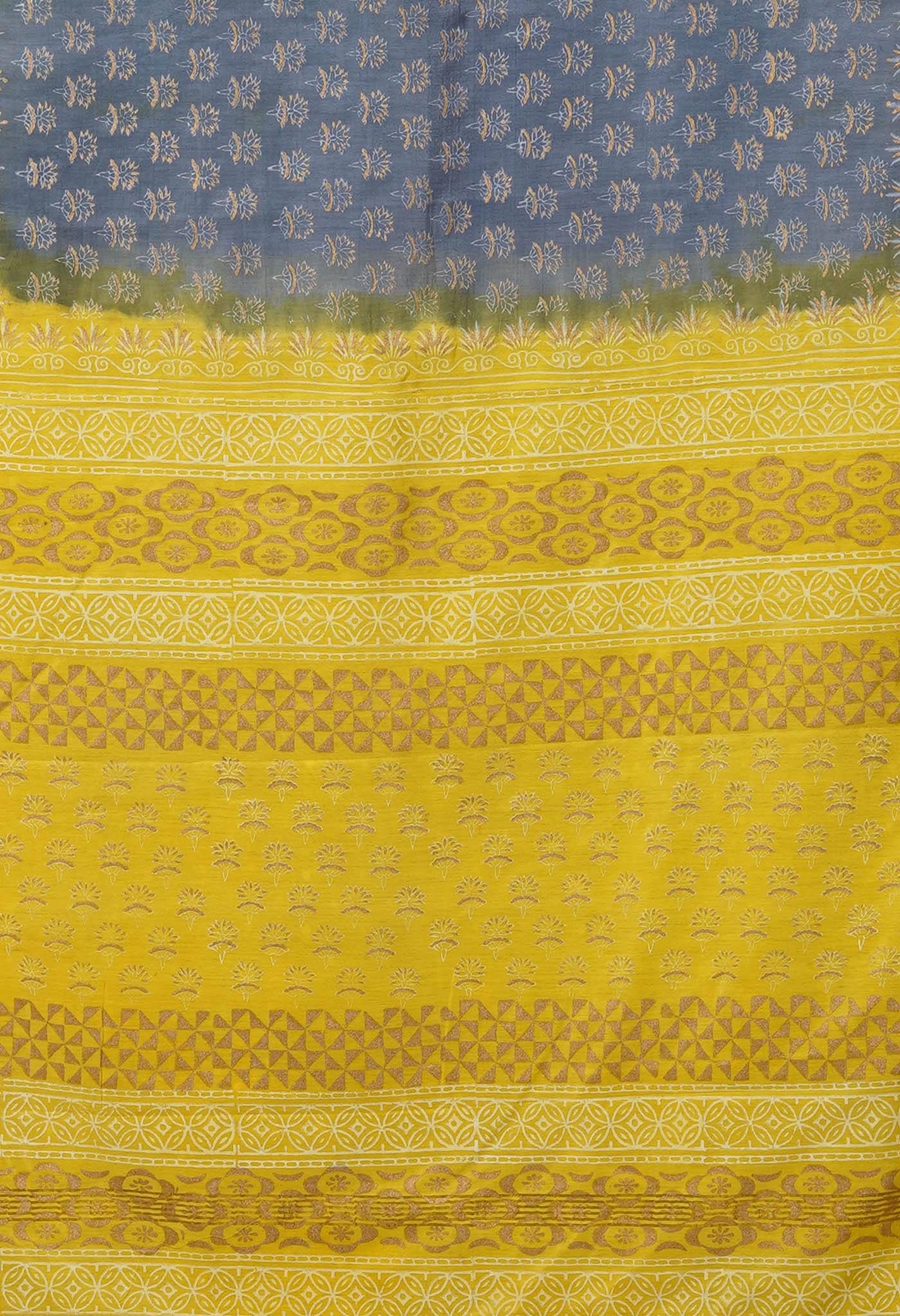 Grey-Yellow Pure Gold Embossed Printed Pashmina Sico Saree-UNM80951